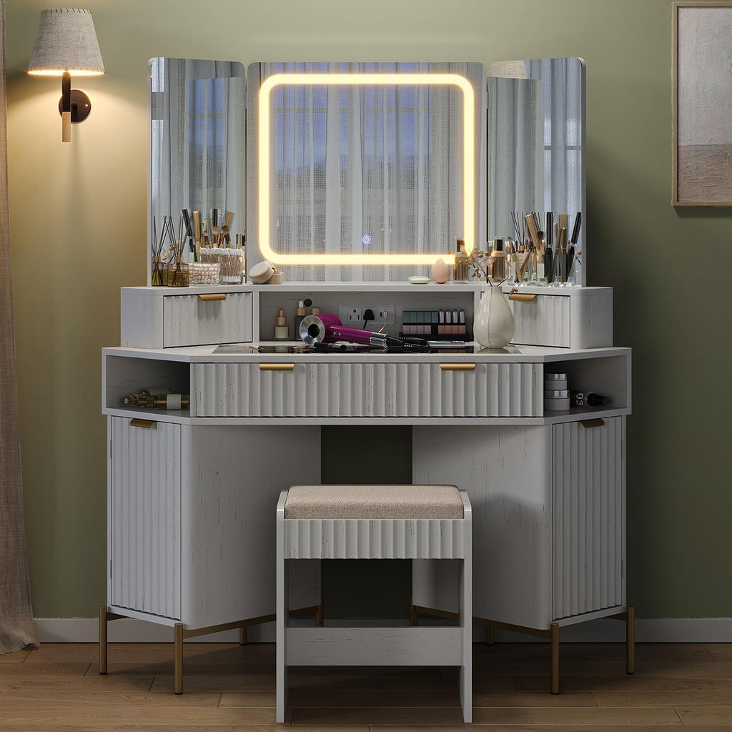 Modern 48'' Fluted Makeup Vanity Desk with HD Triple Mirror & LED Lights – Spacious Corner Dressing Table with Glass Top, 3 Drawers & 2 Cabinets for Stylish Bedroom Decor (White)