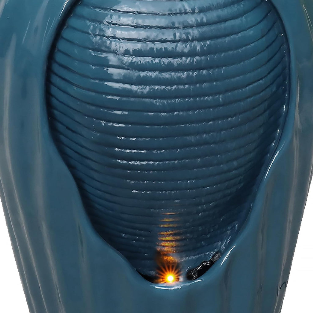Teamson Home 32 in. Outdoor Contemporary Glazed Contoured Vase Water Fountain with LED Lights to Create a Calming Oasis in Gardens and Landscaping, on Patios, Balconies, Lawns, Teal Blue