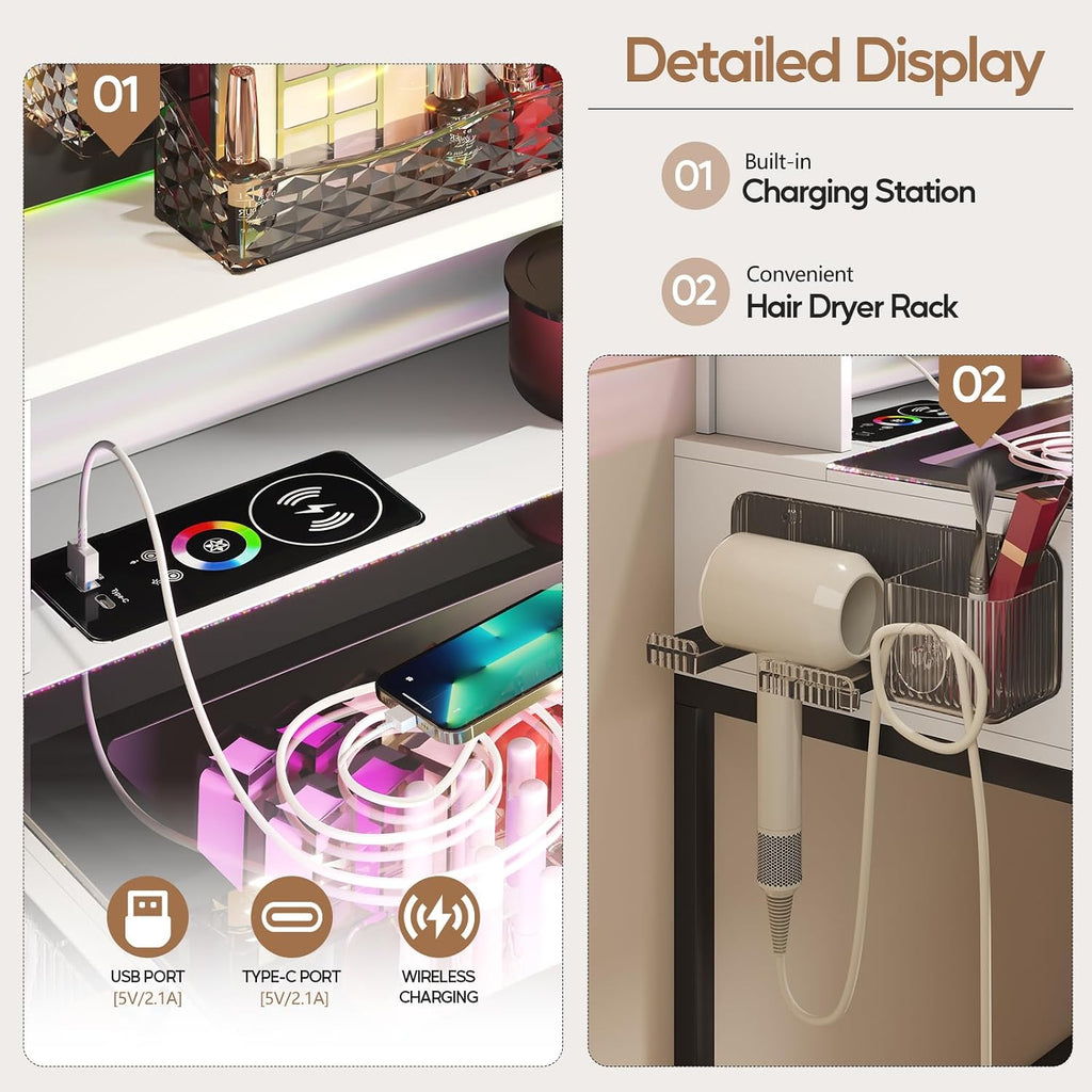 RGB Vanity Desk with Mirror and Lights, Glass Top Makeup Vanity Table with Wireless Charging Station, Girl Vanity,Dressing Table with Chair & 6 Drawers,White