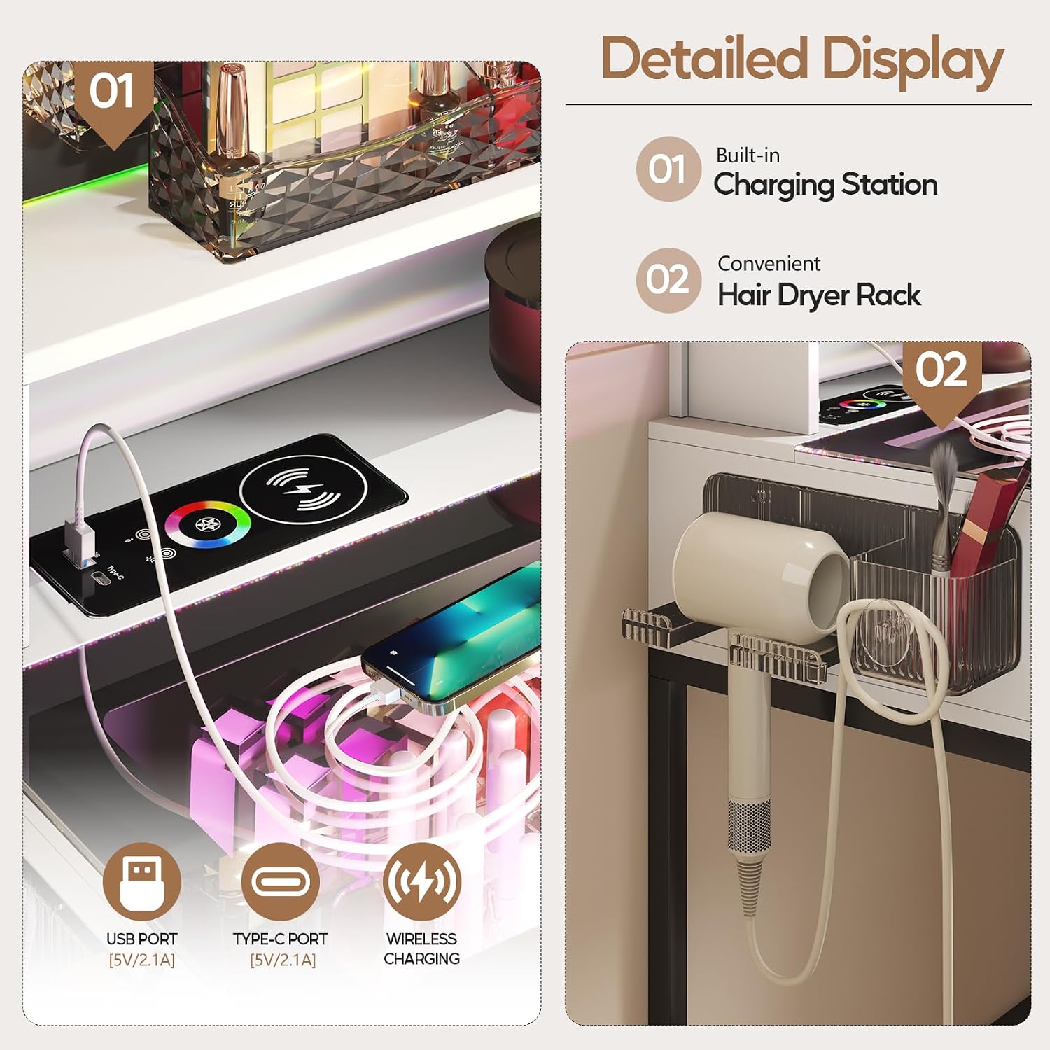 RGB Vanity Desk with Mirror and Lights, Glass Top Makeup Vanity Table with Wireless Charging Station, Girl Vanity,Dressing Table with Chair & 6 Drawers,White