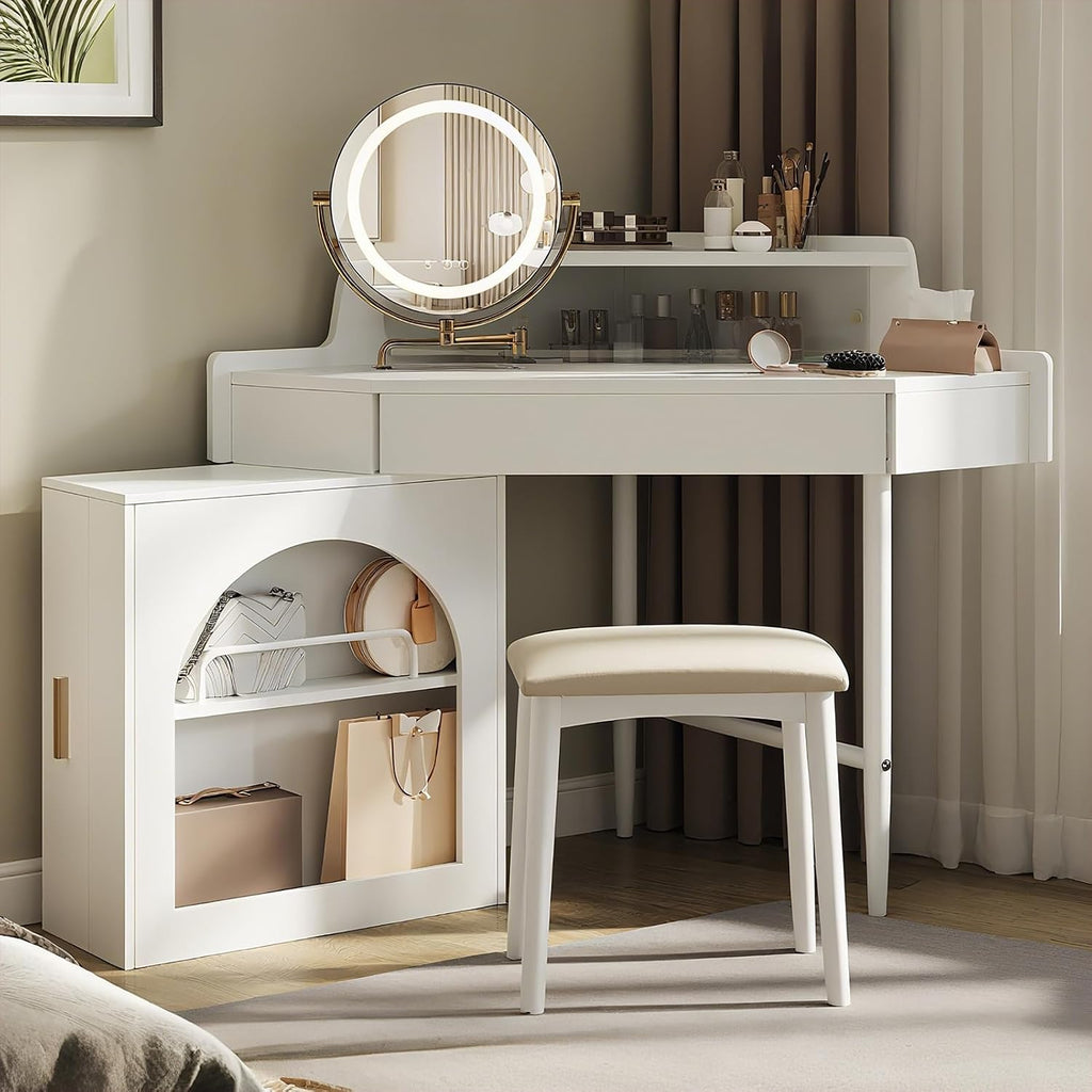 Corner Vanity Desk with Brightness Adjustable Folding Mirror Makeup Vanity Table Set with 1 Drawer and Cushioned Stool Dressing Table with 1 Side Cabinet for Bedroom, White