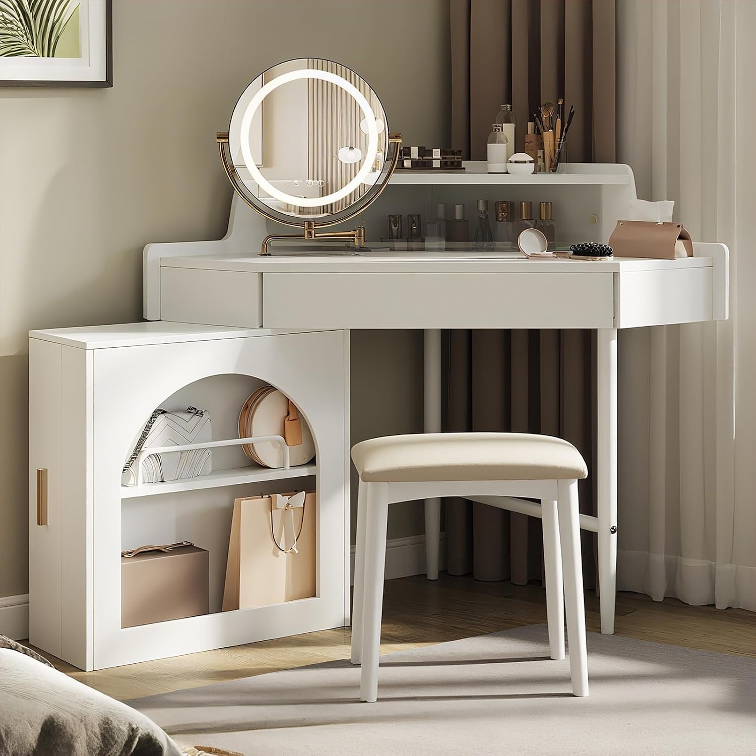 Corner Vanity Desk with Brightness Adjustable Folding Mirror Makeup Vanity Table Set with 1 Drawer and Cushioned Stool Dressing Table with 1 Side Cabinet for Bedroom, White