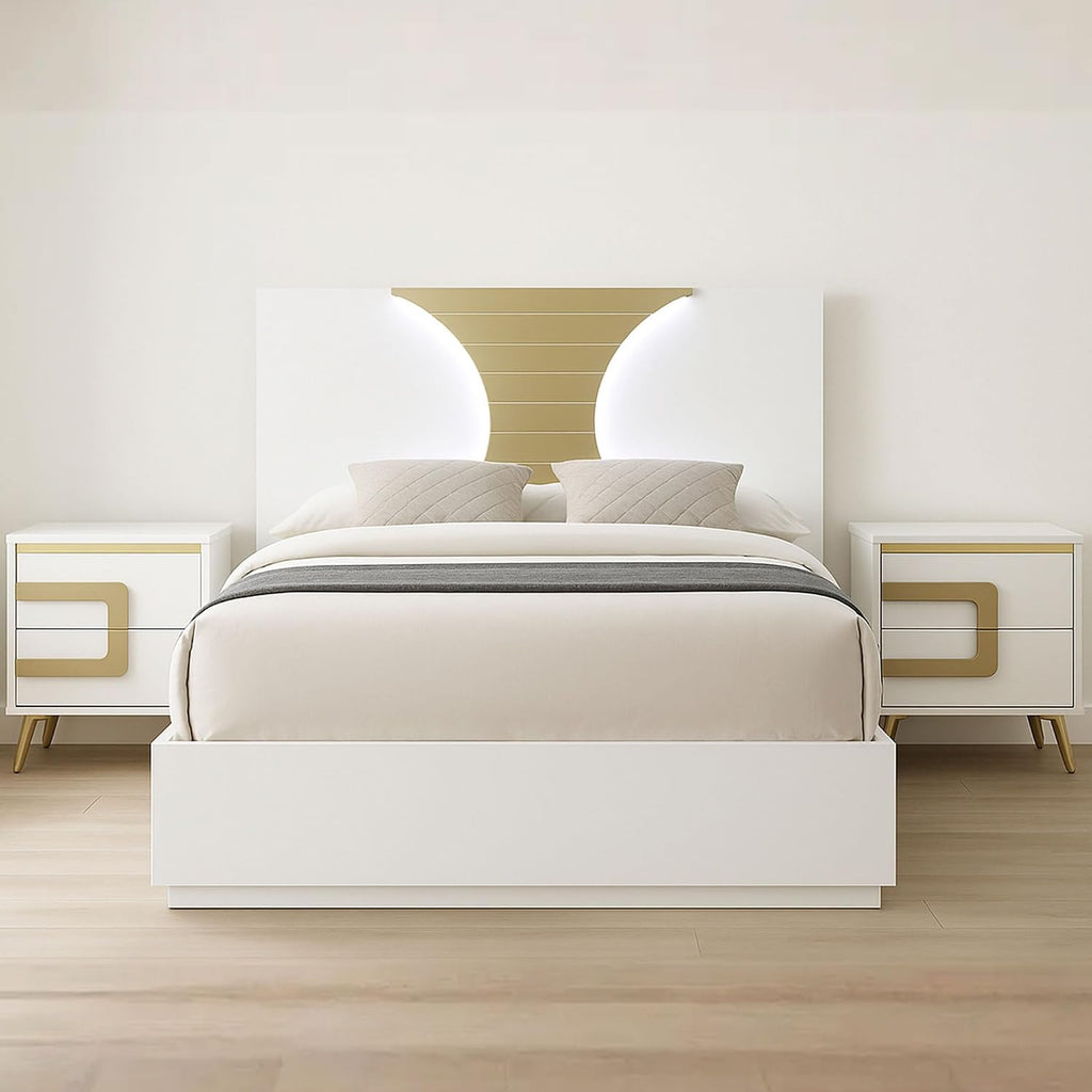 Kings Brand Furniture 3-Piece White/Gold Bedroom Set – Queen Size Wood Bed Frame with 2 Nightstands