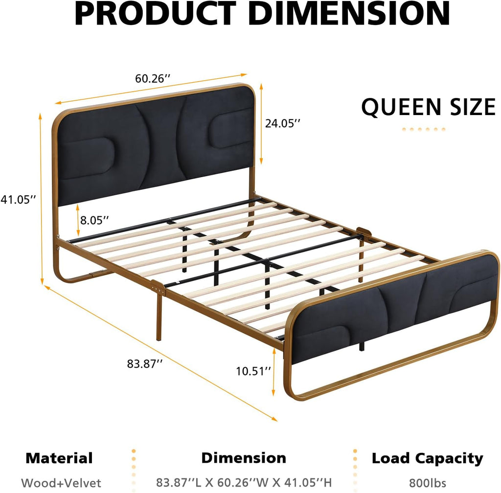 VELOCAVA Rounded Metal Upholstered Bed Queen with Unique Headboard, Soft Velvet Platform Bed Storage Supported by Metal Base and Wooden Slats, No Box Spring Needed,Gold & Black