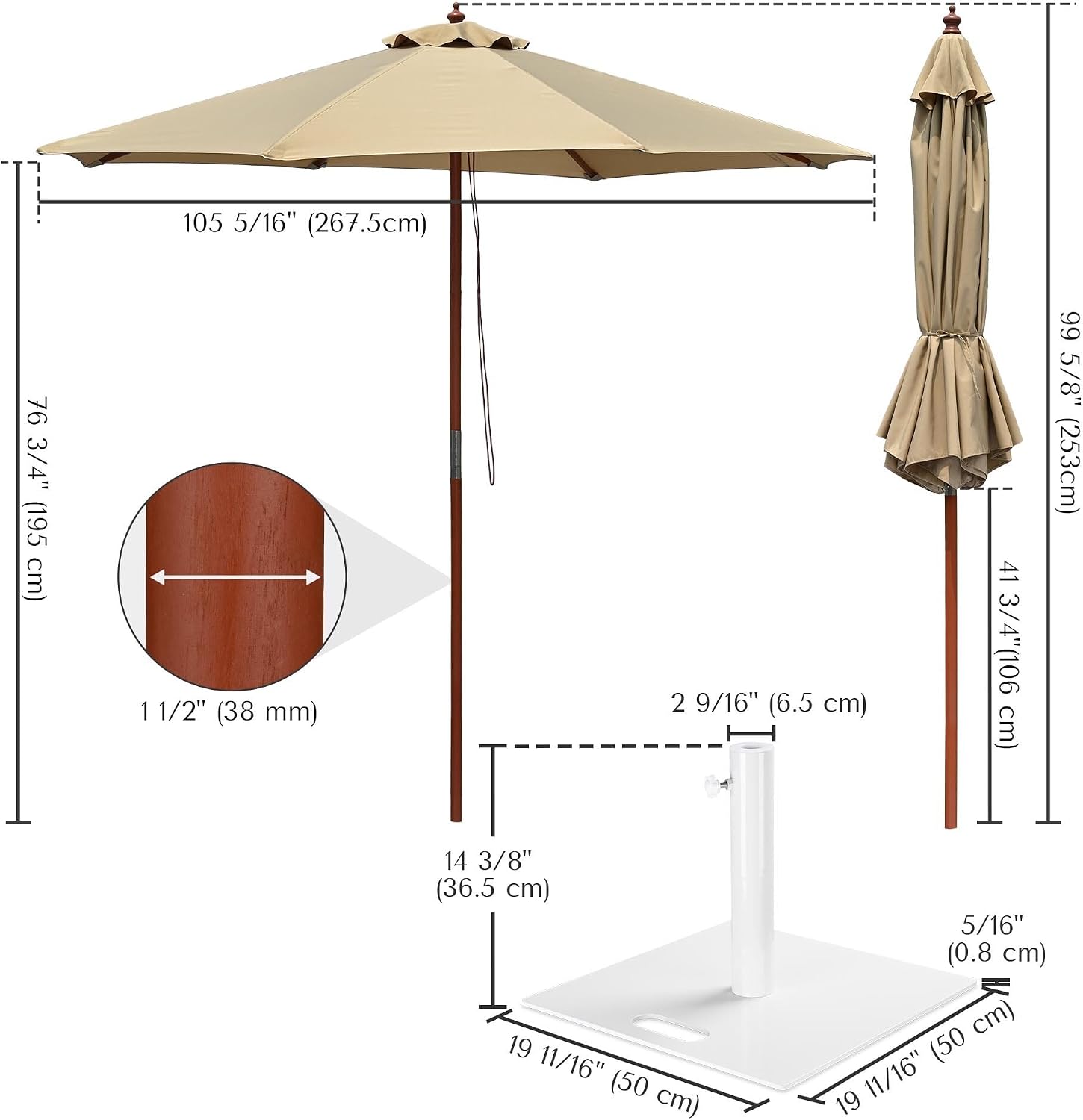 Yescom 9ft Coastal Solid Wood Umbrella Pulley Lift Commercial Base with Wheel Included for Seaside Restaurant Terrace Poolside Beach Club