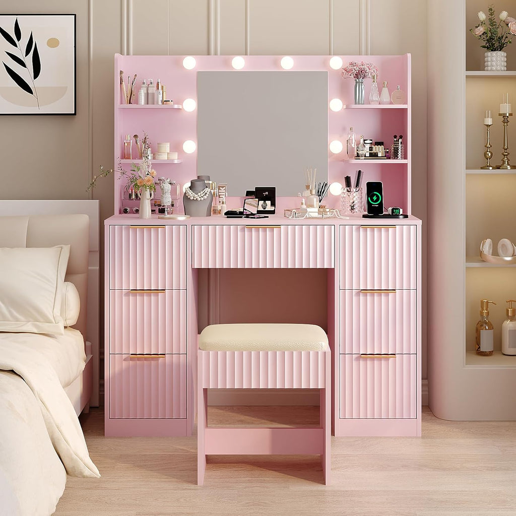 Karl home Fluted Vanity Desk with Mirror and Lights in 3 Modes and Charging Station, Makeup Vanity Table Set with 7 Drawers & Storage Shelves, Dressing Table with Chair for Bedroom, Pink