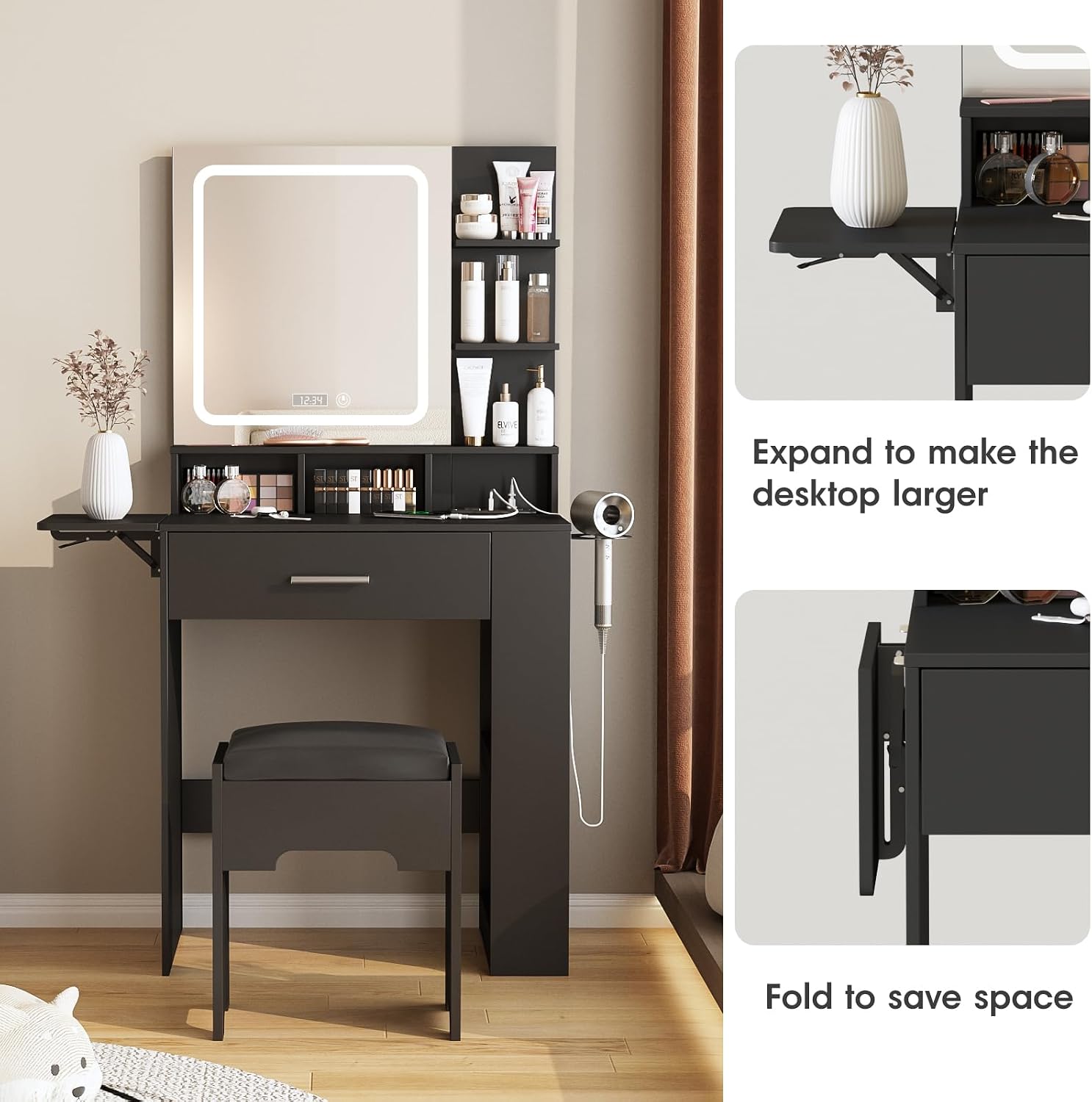 Fameill Vanity Desk with Mirror and Lights, Small Makeup Vanity with Drawer & Lots Storage Shelves, Black Dresser Table with Charging Station & Time Display, Vanity Set with Chair, for Bedroom