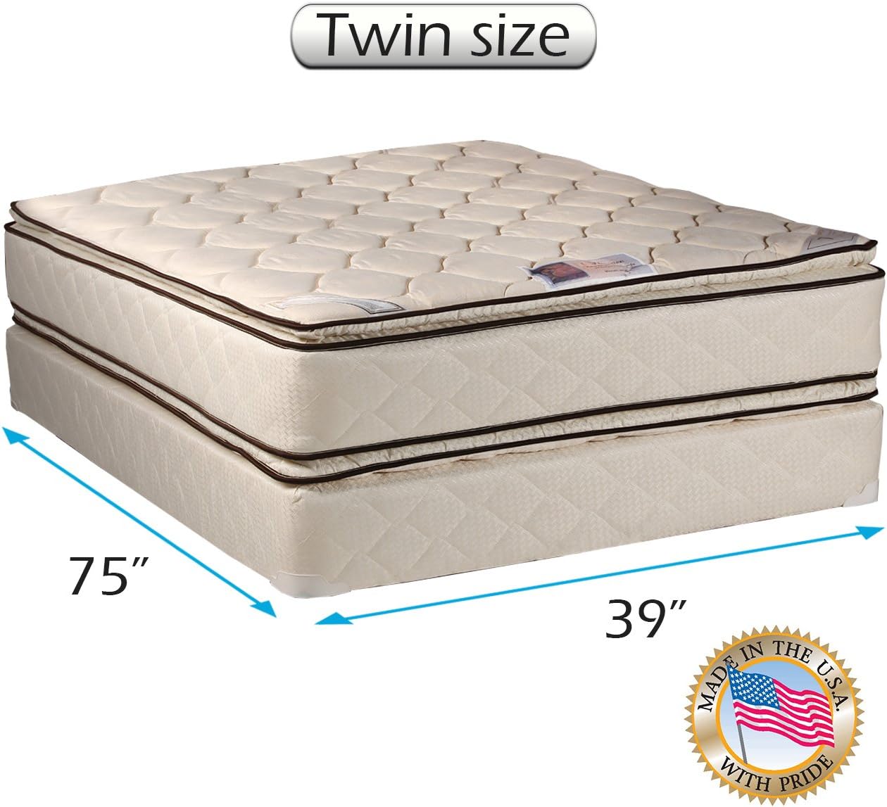 Dream Solutions USA DS USA Coil Comfort 2-Sided Medium Firm PillowTop Mattress Set with Metal Bed Frame - Sleep System, Spine Support, Orthopedic, Longlasting Comfort (Twin 39'x75'x11')