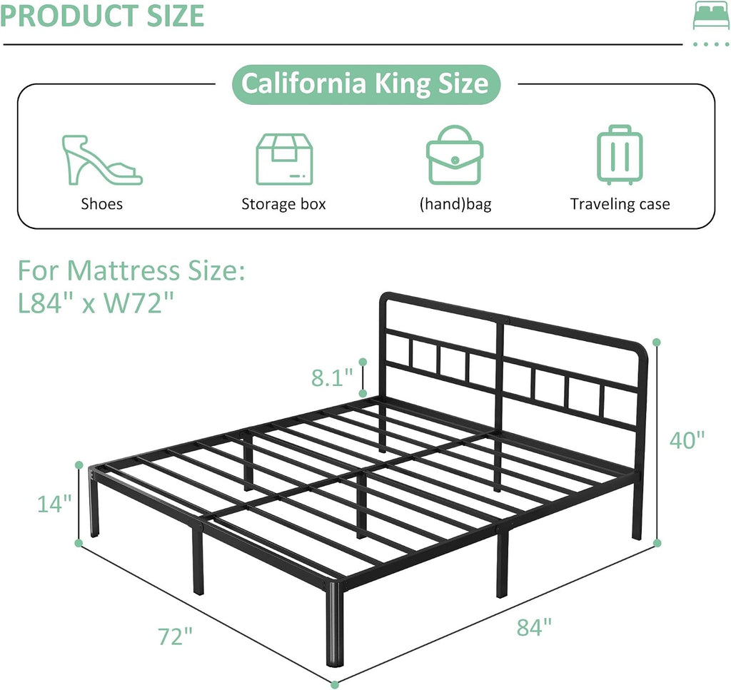 Yicensen 14 Inch California King Bed Frames with Headboard, Heavy Duty Metal Cal King Platform Bed Frame with Rounded Corner Legs, No Box Spring Needed, Noise Free, Easy Assembly, Black