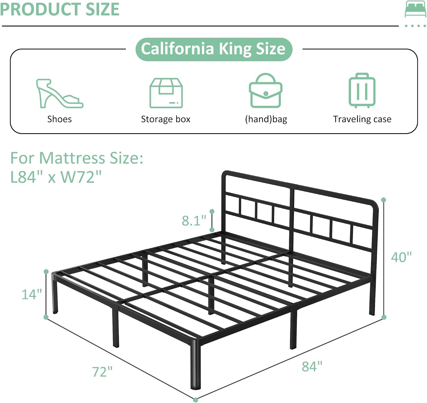 Yicensen 14 Inch California King Bed Frames with Headboard, Heavy Duty Metal Cal King Platform Bed Frame with Rounded Corner Legs, No Box Spring Needed, Noise Free, Easy Assembly, Black