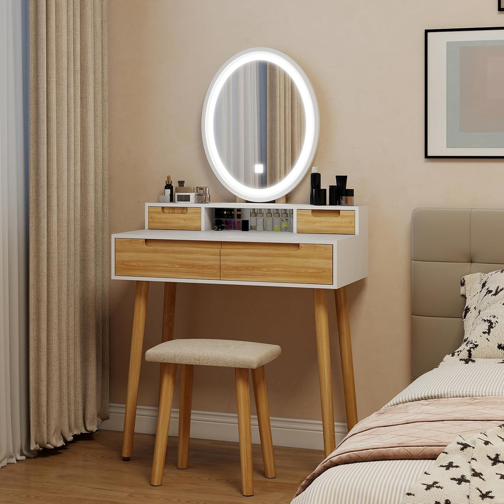 YOURLITE Makeup Vanity Desk with Lights, Small Vanity with Adjustable Brightness Mirror for Small Spaces, Dressing Table with Drawers (31.5', Oval Mirror Wood)
