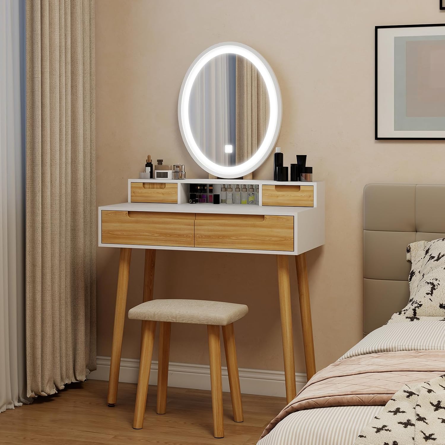 YOURLITE Makeup Vanity Desk with Lights, Small Vanity with Adjustable Brightness Mirror for Small Spaces, Dressing Table with Drawers (31.5', Oval Mirror Wood)