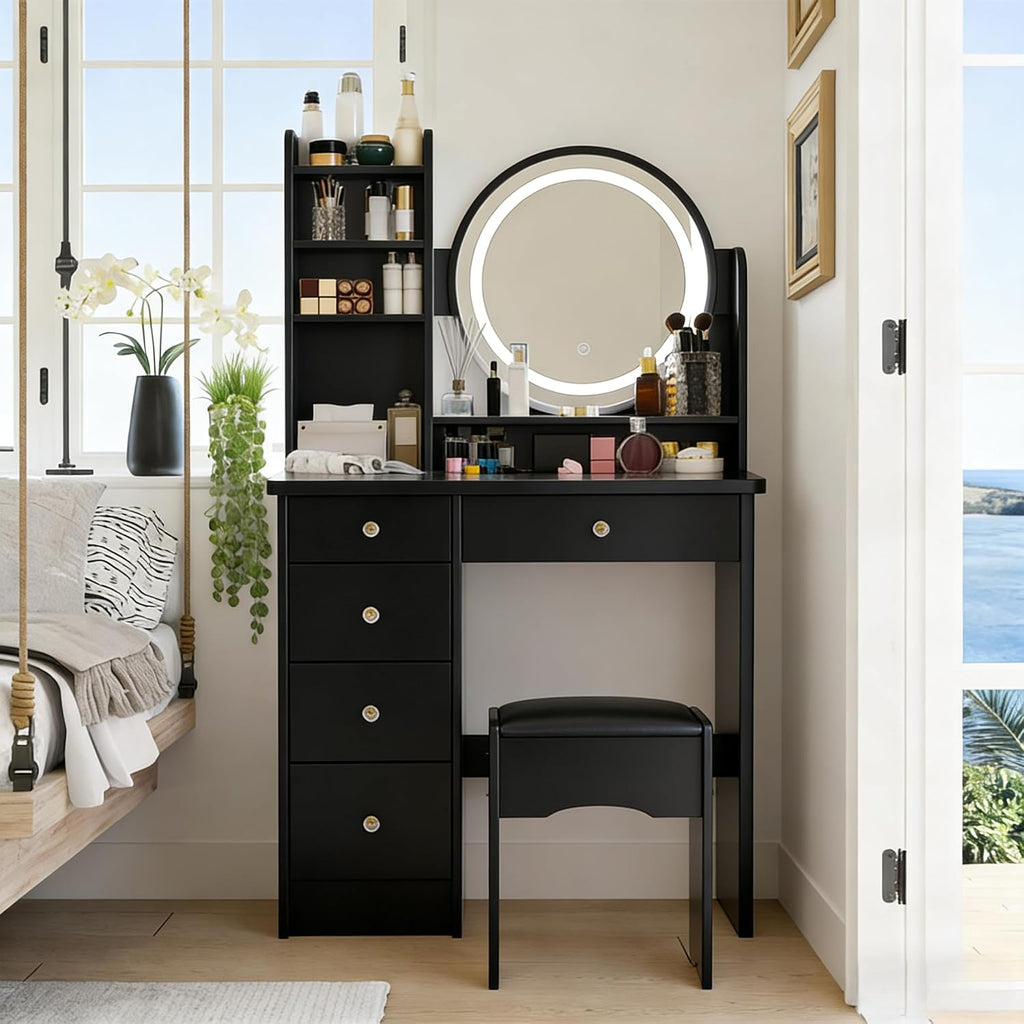 FUFU&GAGA Black Vanity Set with Round Lighted Mirror, Makeup Vanity Bedroom Dressing Table with 5 Drawers, Shelves, Dresser Desk and Cushioned Stool