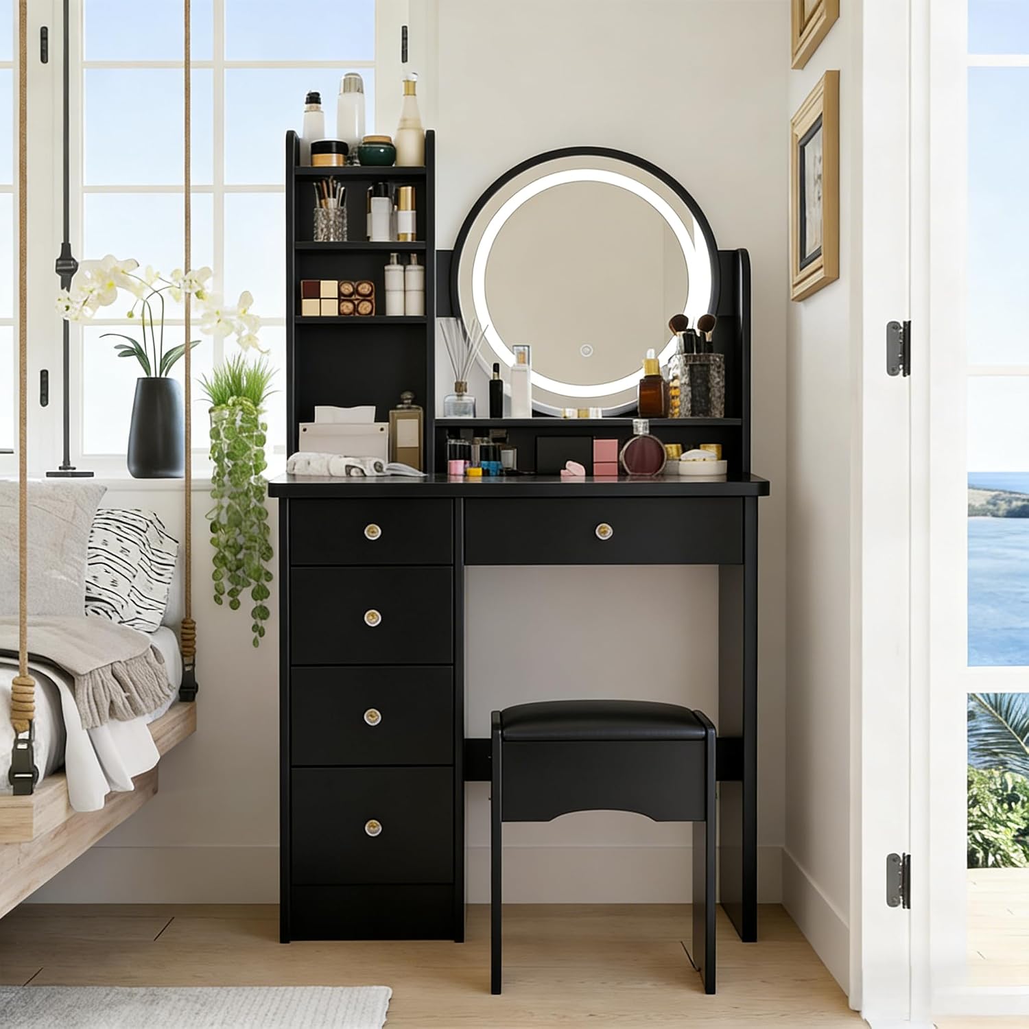 FUFU&GAGA Black Vanity Set with Round Lighted Mirror, Makeup Vanity Bedroom Dressing Table with 5 Drawers, Shelves, Dresser Desk and Cushioned Stool