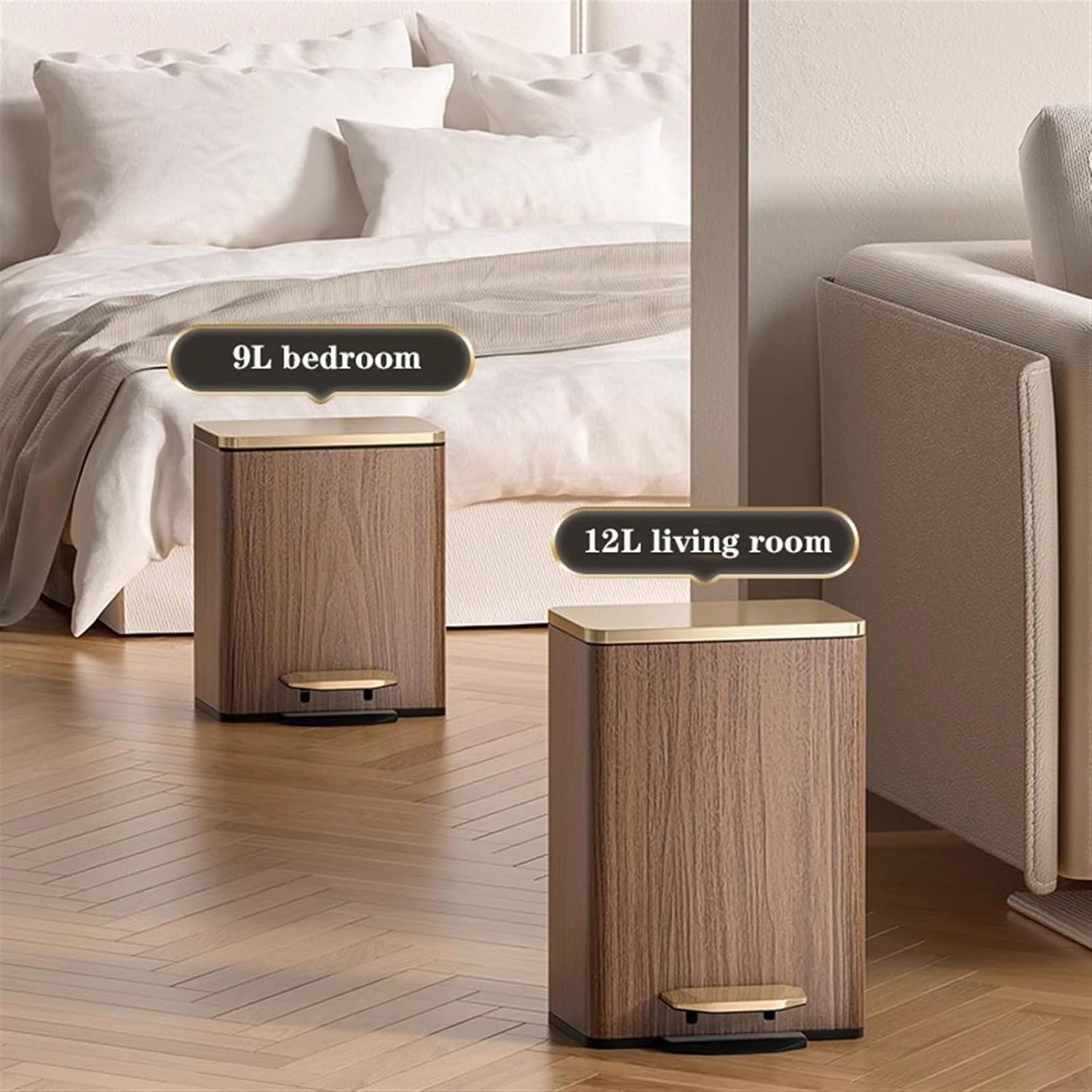 Stylish Modern Luxury Stainless Steel Trash Can with Soft Close Lid Step Pedal and Inner Bucket Ideal for Home Office and Bathroom Large Size Brown Leather Outer Layer