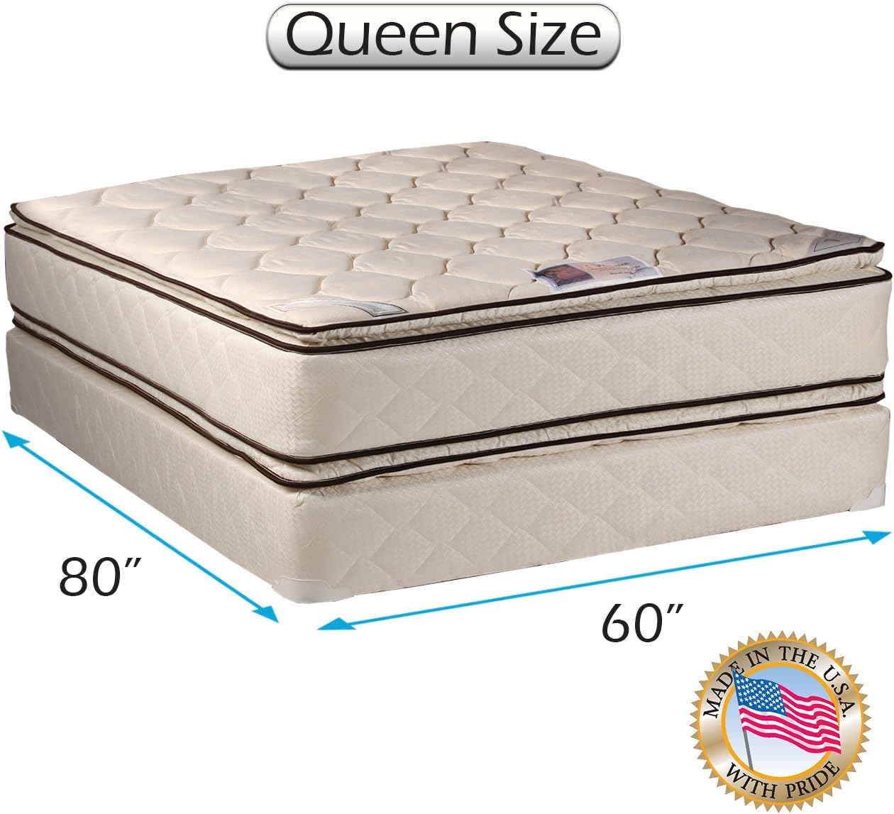 Dream Solutions USA DS USA Coil Comfort 2-Sided Medium Firm PillowTop Mattress Set with Metal Bed Frame - Sleep System, Spine Support, Orthopedic, Longlasting Comfort (Queen 60'x80'x11')