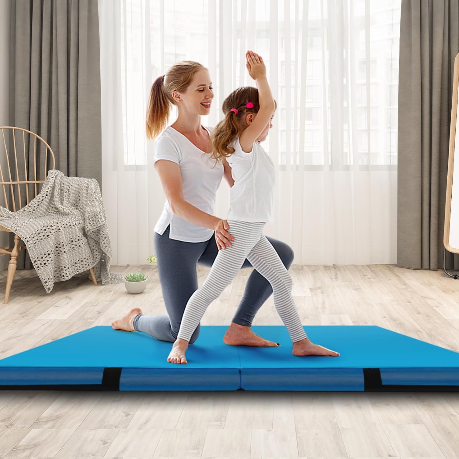 Goplus 4' Thick Folding Gymnastic Mat, Thickened Bi-Fold Fitness Mat with Carrying Handles & PU Leather Cover, Home Gym Tumbling Mat for Stretching, Pilates, Aerobics Workouts
