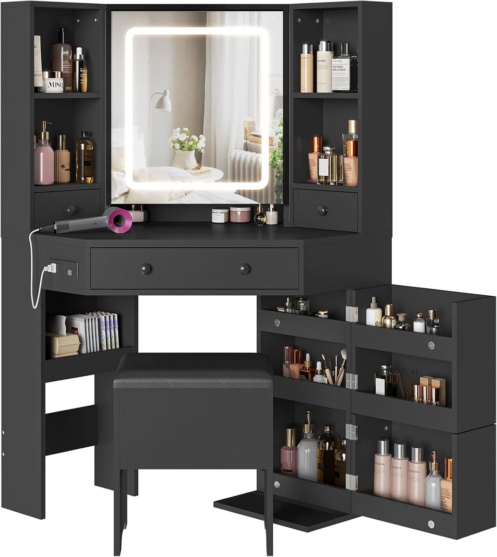 BTHFST Corner Vanity Desk with Lighted Mirror, Makeup Vanity with Lights and Charging Station, Vanity Set with Mirror and Storage Stool, Makeup Table with Drawers, Rotating Shelves, Black