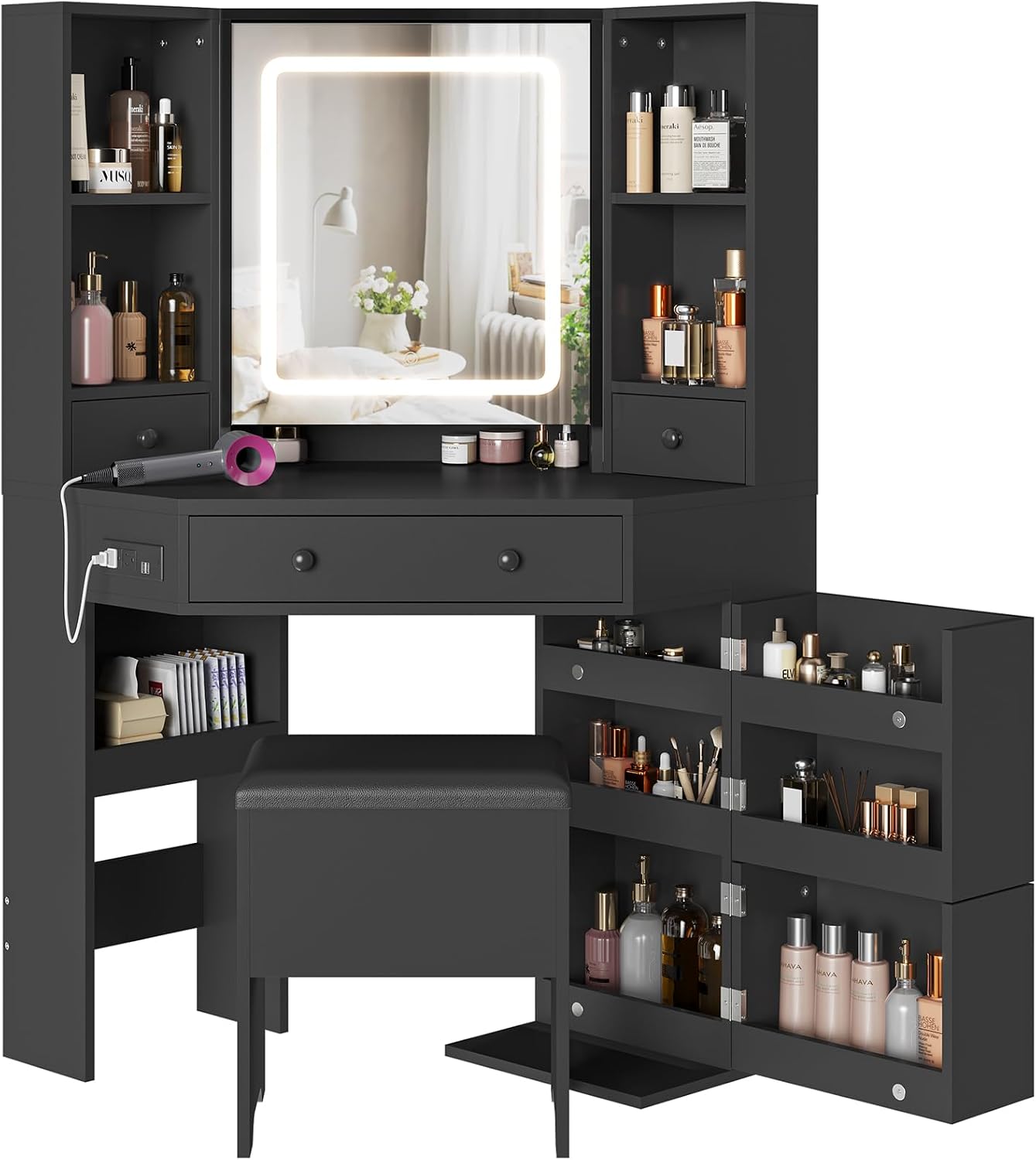 BTHFST Corner Vanity Desk with Lighted Mirror, Makeup Vanity with Lights and Charging Station, Vanity Set with Mirror and Storage Stool, Makeup Table with Drawers, Rotating Shelves, Black