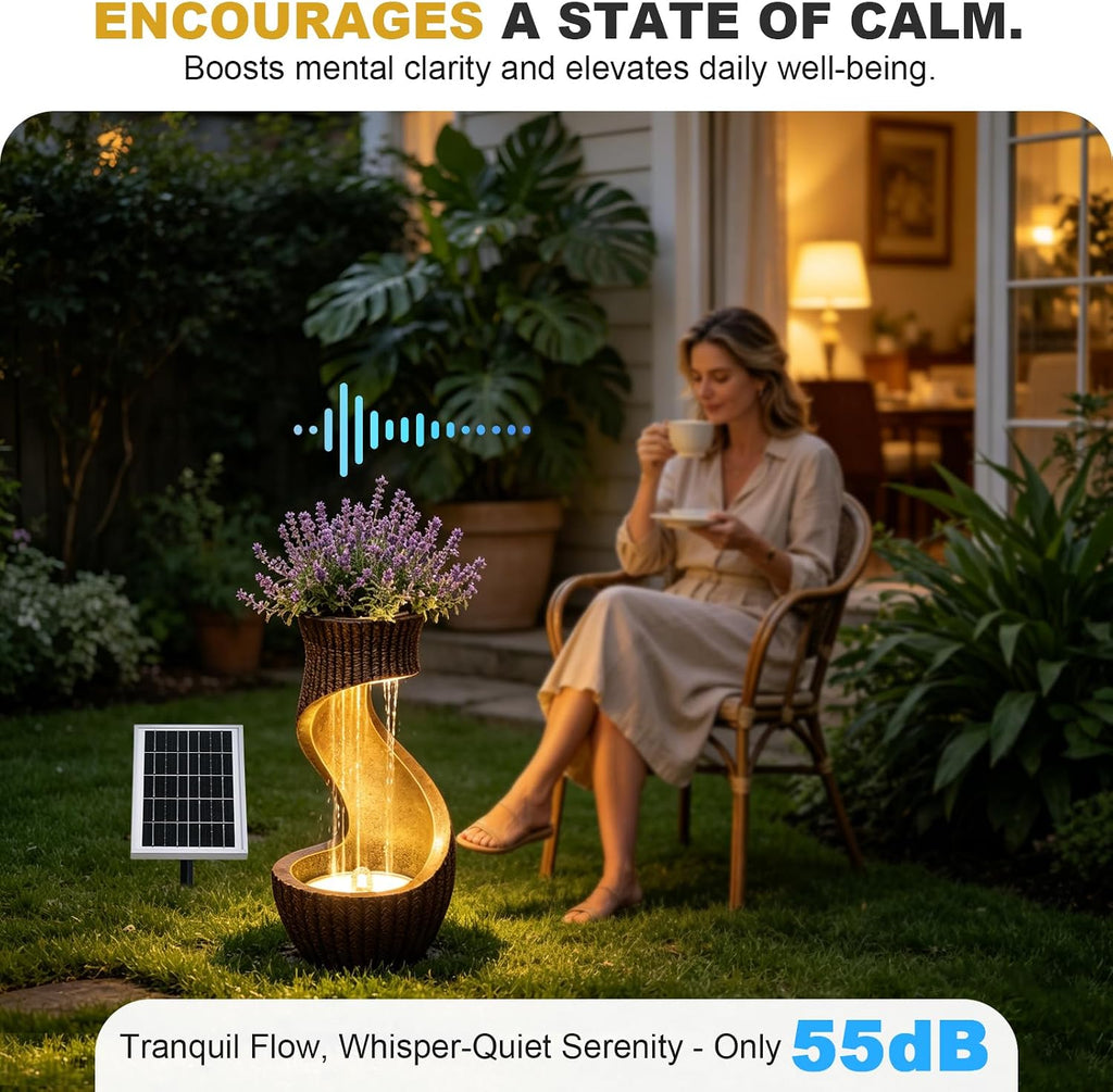Solar Water Fountain Outdoor with LED Lights & Planter, 26.8' Modern S-Shaped Waterfall Fountain with Battery Backup, IP64 Weatherproof Resin Floor Fountain for Garden, Patio, Porch, and Home Decor