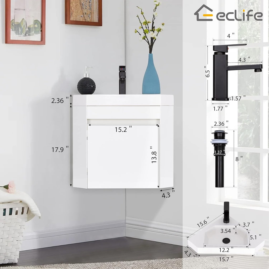 eclife 22' Corner Bathroom Vanity Sink Combo for Small Space Wall Mounted Floating Cabinet with White Resin Sink and Matte Black Faucet, White