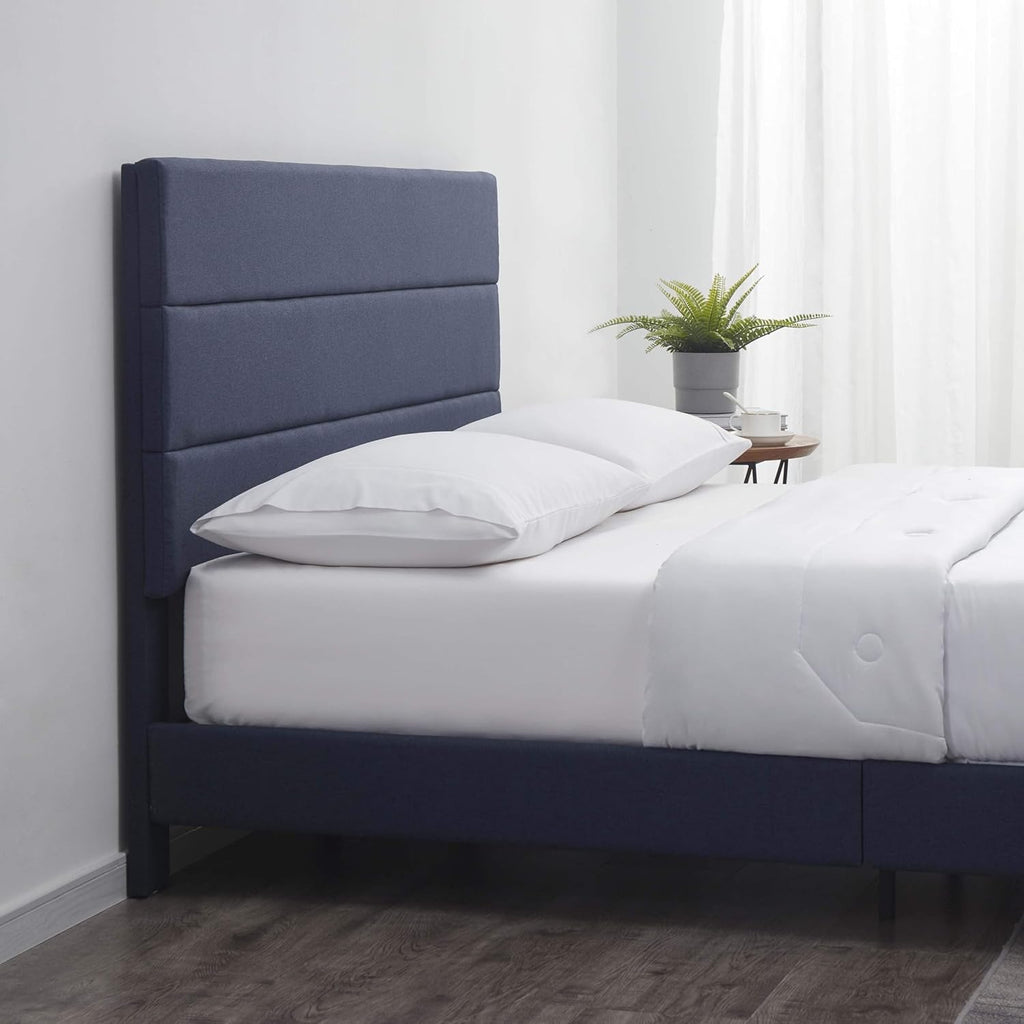 Hearth & Harbor King Bed Frame and Headboard – Linen Horizontal Channel Upholstered King Size Bed Frame, Platform Bed Frame King, Modern Bedframe with Wooden Slats, No Box Spring Needed, Navy
