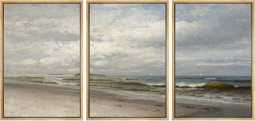SIGNWIN Framed Canvas Print Wall Art Set Ocean Beach Tranquil Coastal Seascape with Waves and Clouds Illustrations Modern Art Decorative Rustic for Living Room, Bedroom, Office - 16'x24'x3 Natural
