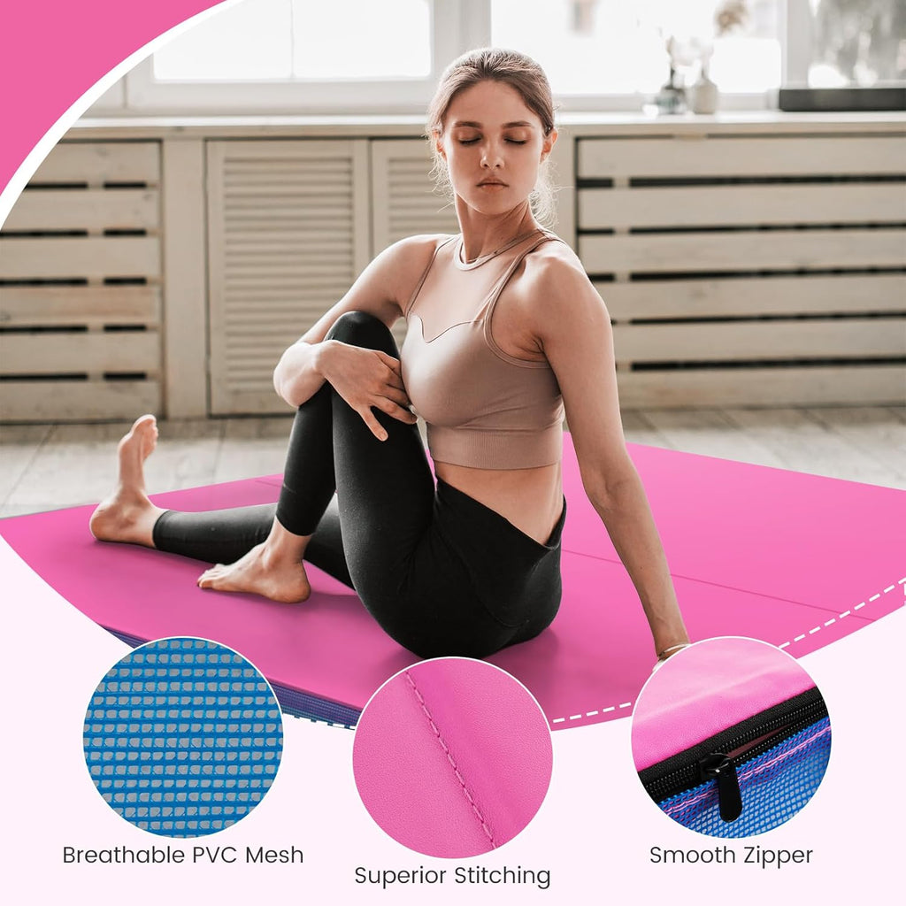 Goplus 4' Thick Folding Gymnastic Mat, Thickened Bi-Fold Fitness Mat with Carrying Handles & PU Leather Cover, Home Gym Tumbling Mat for Stretching, Pilates, Aerobics Workouts