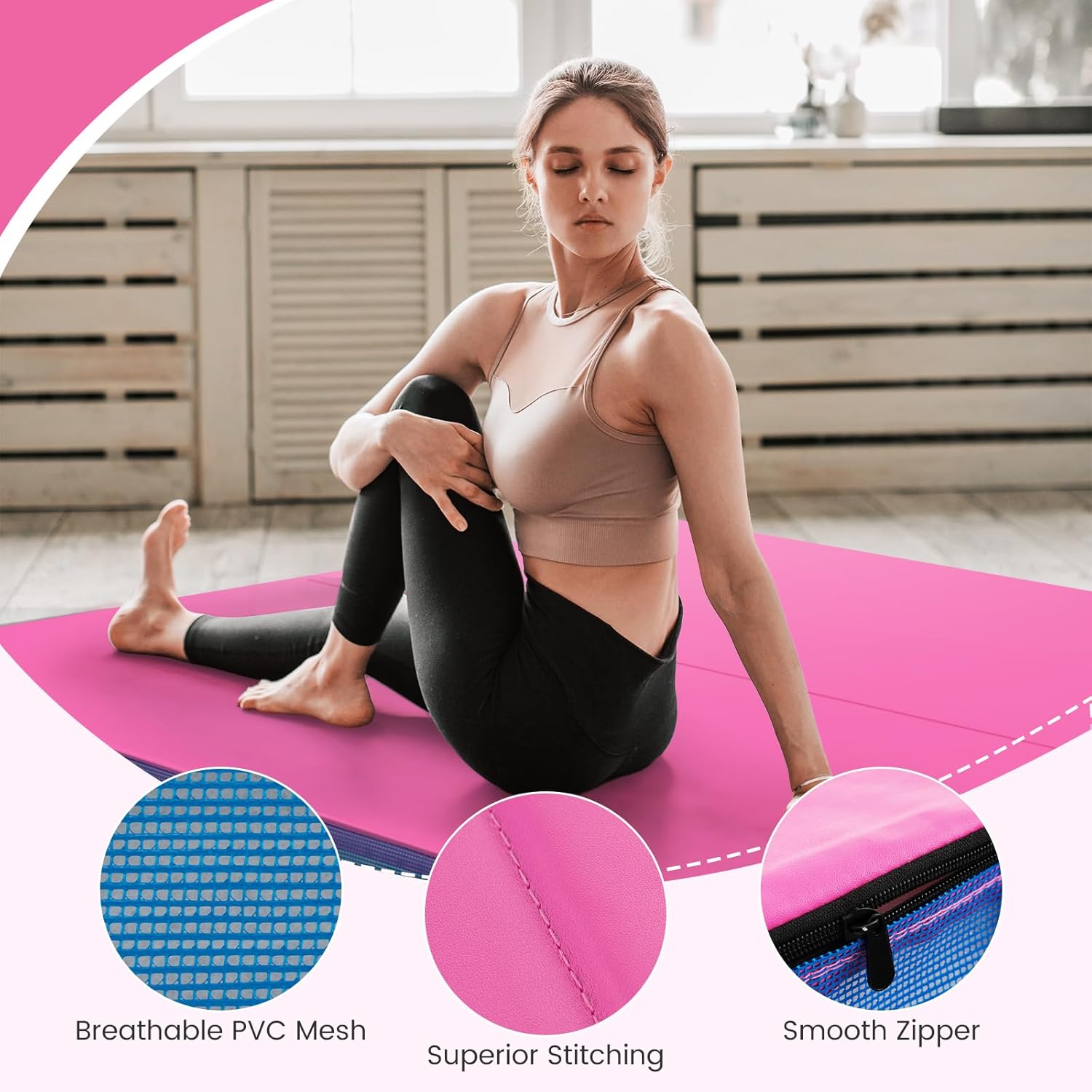 Goplus 4' Thick Folding Gymnastic Mat, Thickened Bi-Fold Fitness Mat with Carrying Handles & PU Leather Cover, Home Gym Tumbling Mat for Stretching, Pilates, Aerobics Workouts