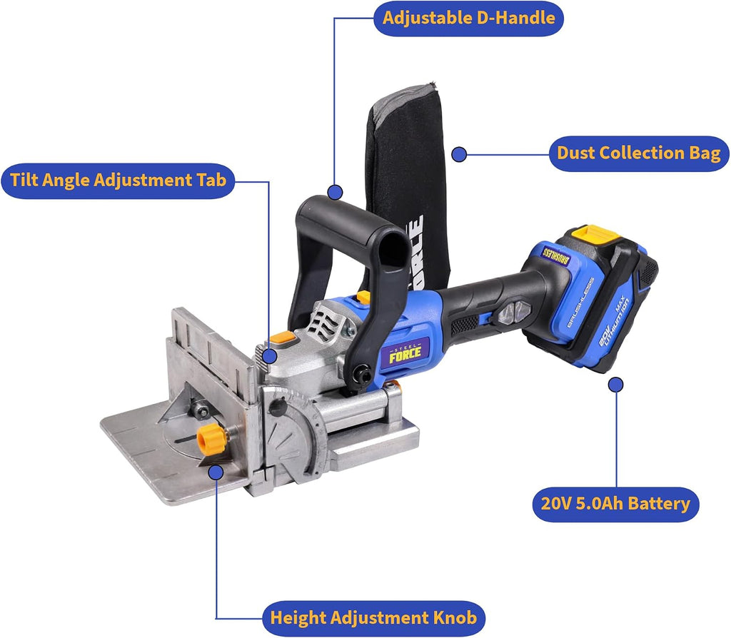 Steel Force BJ184 Wood Biscuit Plate Joiner 4' Brushless Cordless with 20V 5.0Ah Battery and Charger, 8mm 5/16' Dilling Bits, Up to 1-1/2' Drilling Depth