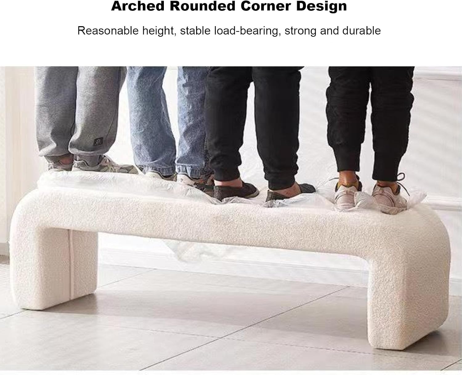 Beige,Large, Fuzzy Sherpa Upholstered Ottoman Bench, Ottoman Bench End of Bed, Modern Upholstered Bench, Modern Fabric Arched Bench, Vanity Bench Stools for Living Room Bedroom Entryway