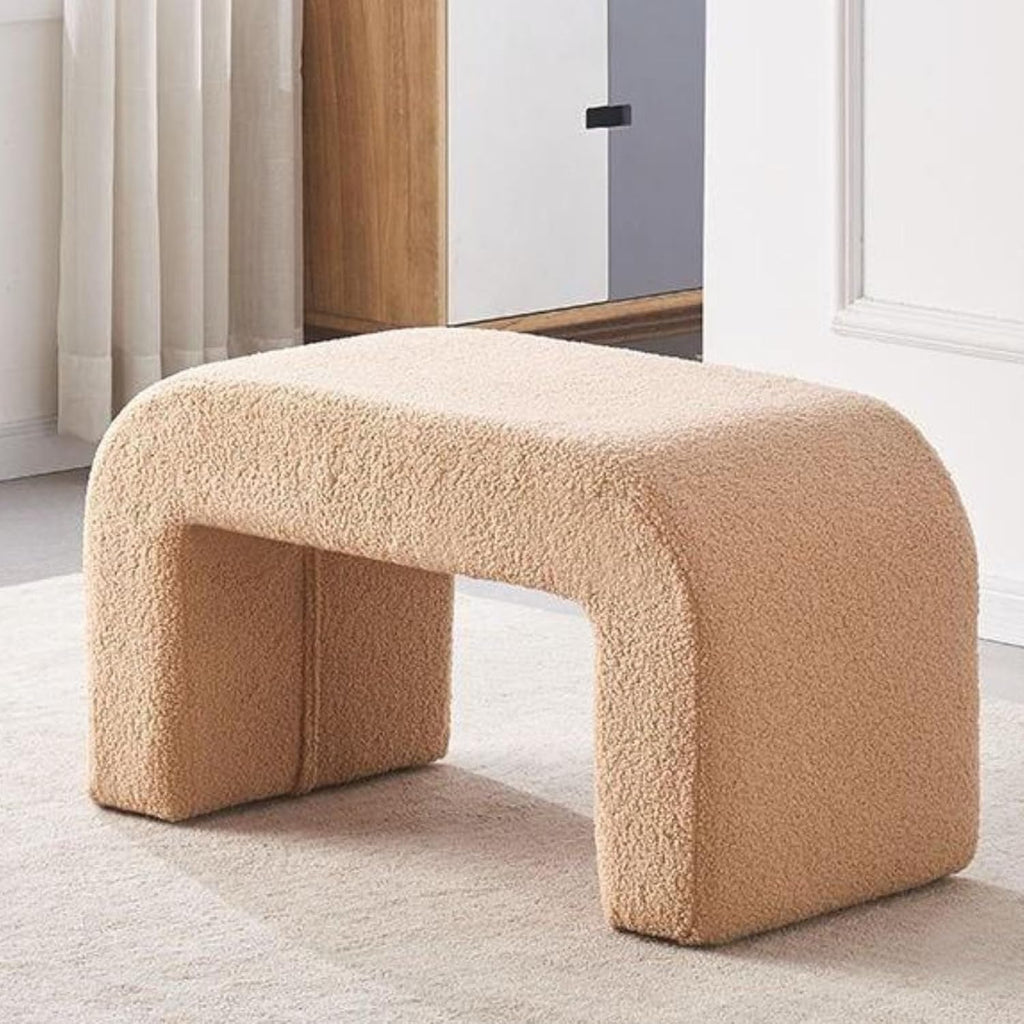Khaki,Small, Fuzzy Sherpa Upholstered Ottoman Bench, Ottoman Bench End of Bed, Modern Upholstered Bench, Modern Fabric Arched Bench, Vanity Bench Stools for Living Room Bedroom Entryway
