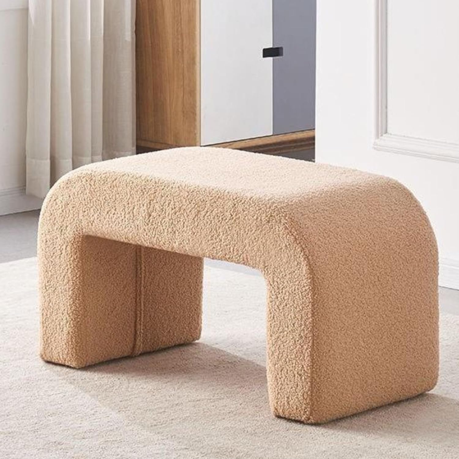 Khaki,Small, Fuzzy Sherpa Upholstered Ottoman Bench, Ottoman Bench End of Bed, Modern Upholstered Bench, Modern Fabric Arched Bench, Vanity Bench Stools for Living Room Bedroom Entryway