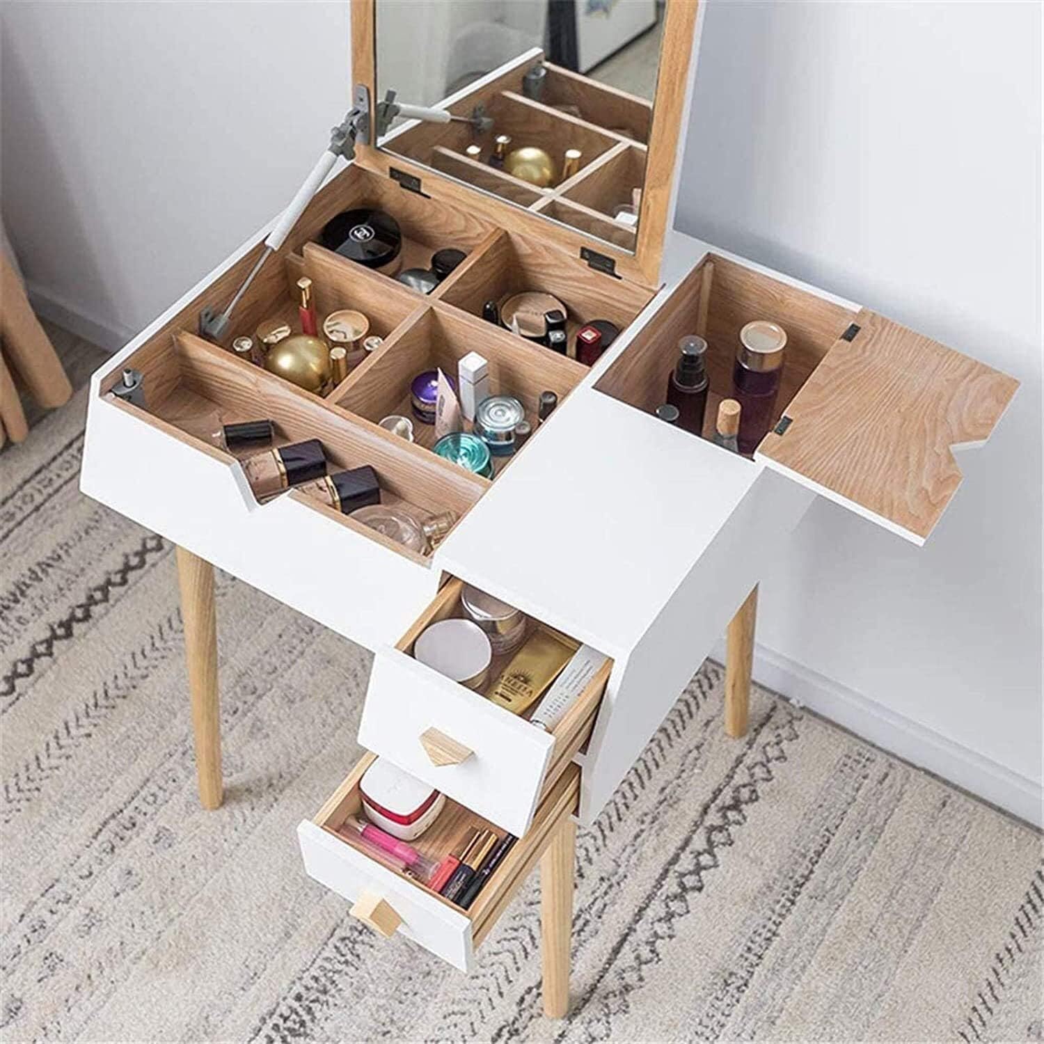 CALEBY Vanity Desk, Vanity Table Luxury Bedroom Furniture Makeup Vanity with Stool, Dressing Table Vanity Makeup Table with Flip Top Mirror Solid Rubber Wood Writing Desk Vanity Benches for Bedroom
