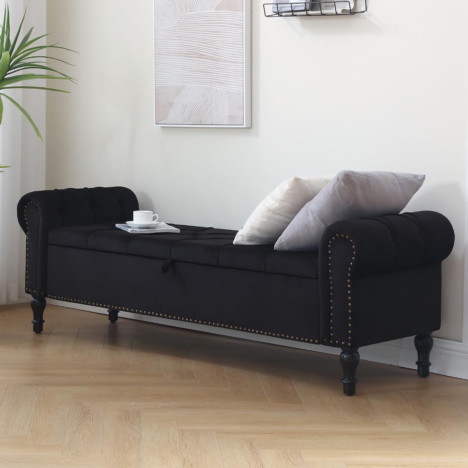 Storage Bed Bench for Bedroom, 67 Inches End of Bed Bench, Velvet King Size Bench with Arms, Tufted Button Storage Ottoman Benches, Upholstered Bench for Bedroom, Living Room, Entryway, Black
