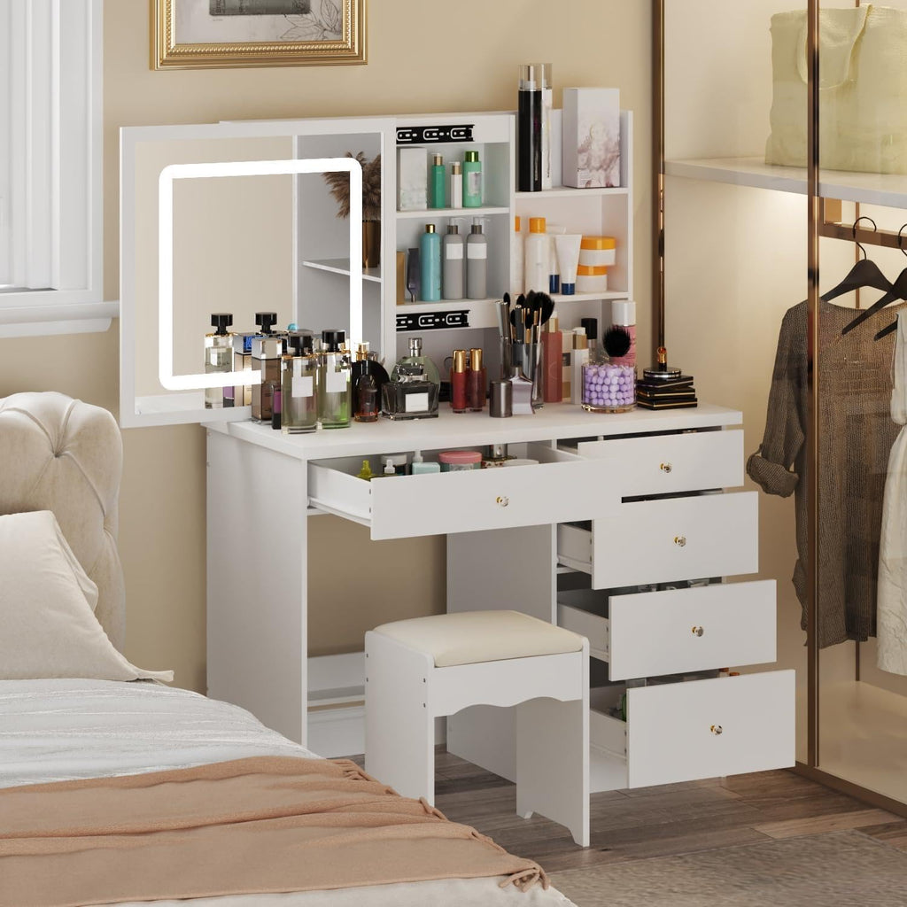 Homsee Vanity Desk Set Makeup Table with Large Sliding Lighted Mirror, Dressing Table with 5 Drawers, Storage Shelves & Cushioned Stool for Bedroom, White