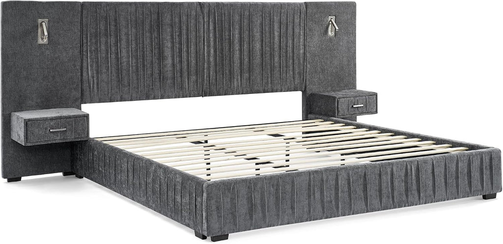 King Size Upholstered Platform Bed Frame with Headboard & Built-in Nightstand, Luxury Bed Frame for Modern Bedroom Sets, No Box Spring Needed, Stable & Adjustable Lighting(Dark Grey)