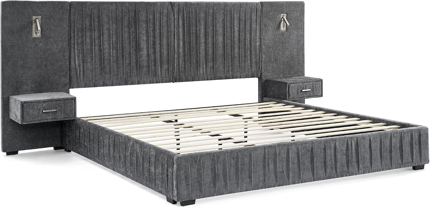 King Size Upholstered Platform Bed Frame with Headboard & Built-in Nightstand, Luxury Bed Frame for Modern Bedroom Sets, No Box Spring Needed, Stable & Adjustable Lighting(Dark Grey)
