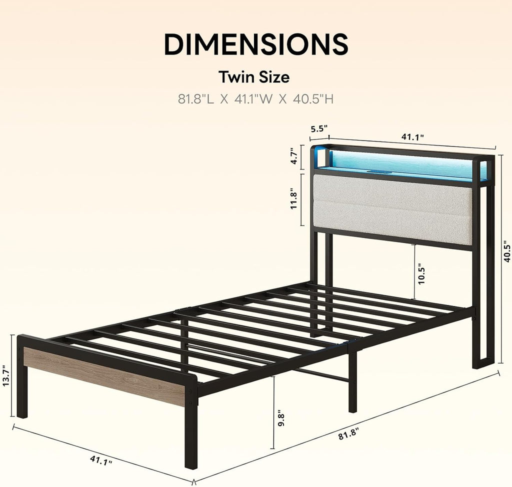 LIKIMIO Twin Bed Frame with Storage Headboard & LED Lights, Metal Platform Bed with Charging Station, Noise Free, No Box Spring Needed, Under Bed Storage, Natural and Cream