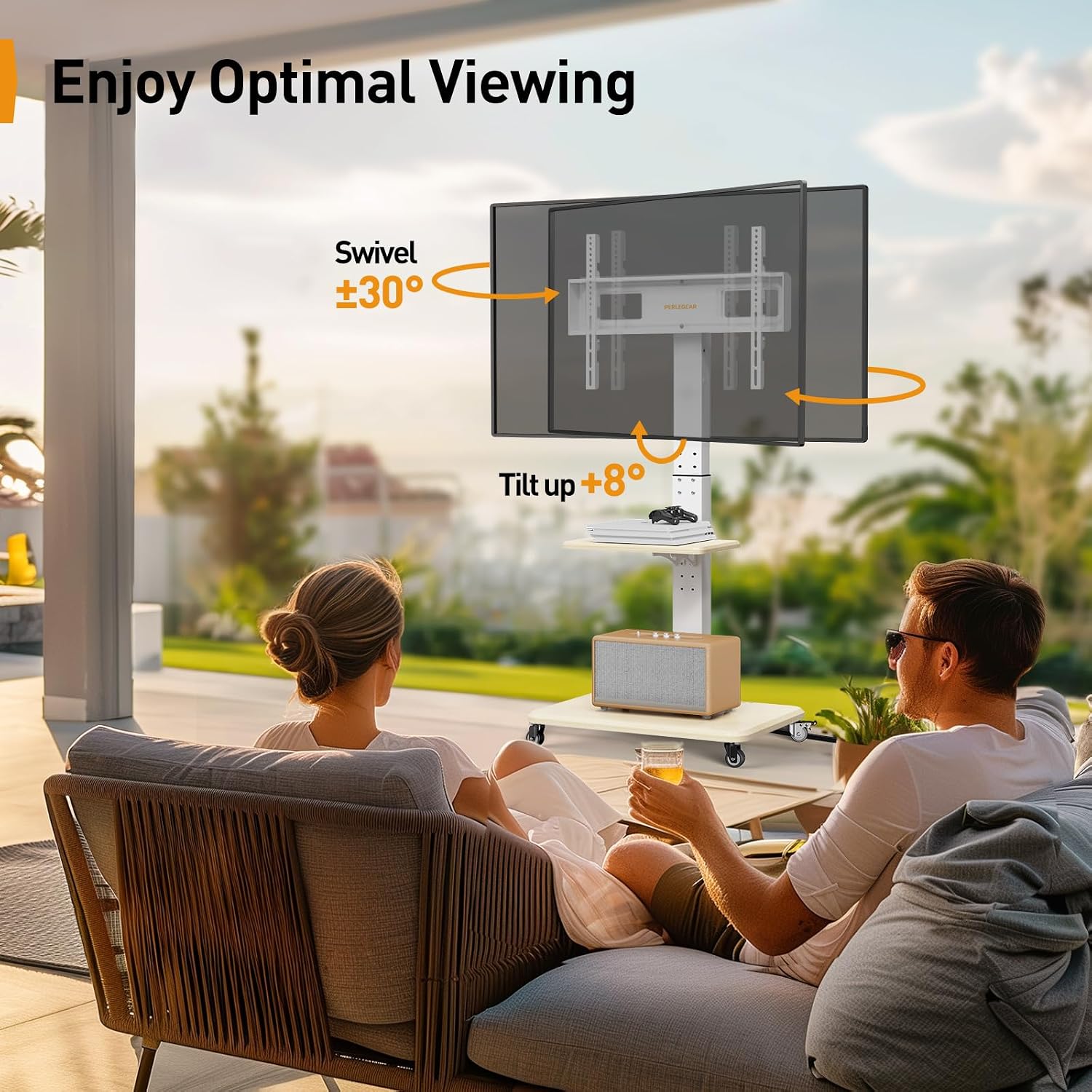 Perlegear Mobile TV Stand with Power Outlet, Tilt & Swivel Rolling TV Cart for 32-75 inches TVs up to 110 lbs, Height Adjustable Rolling TV Stand White with Wheels, Max VESA 600x400mm, PGTVMC17W