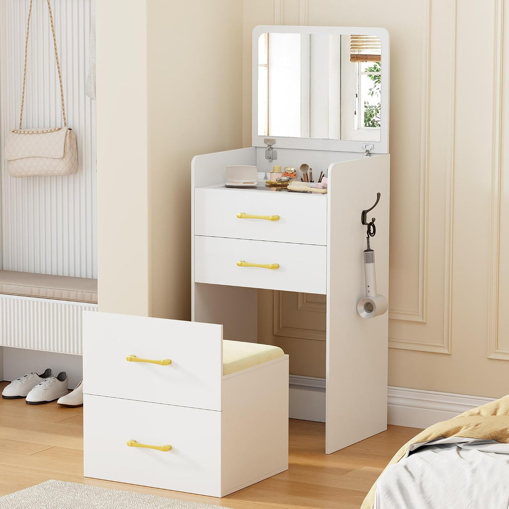 Lvifur 3-in-1 Vanity Desk with Flip Top Mirror, Makeup Vanity Table with Cushioned Stool for Small Space, Compact Dressing Table, Vanity Set for Bedroom
