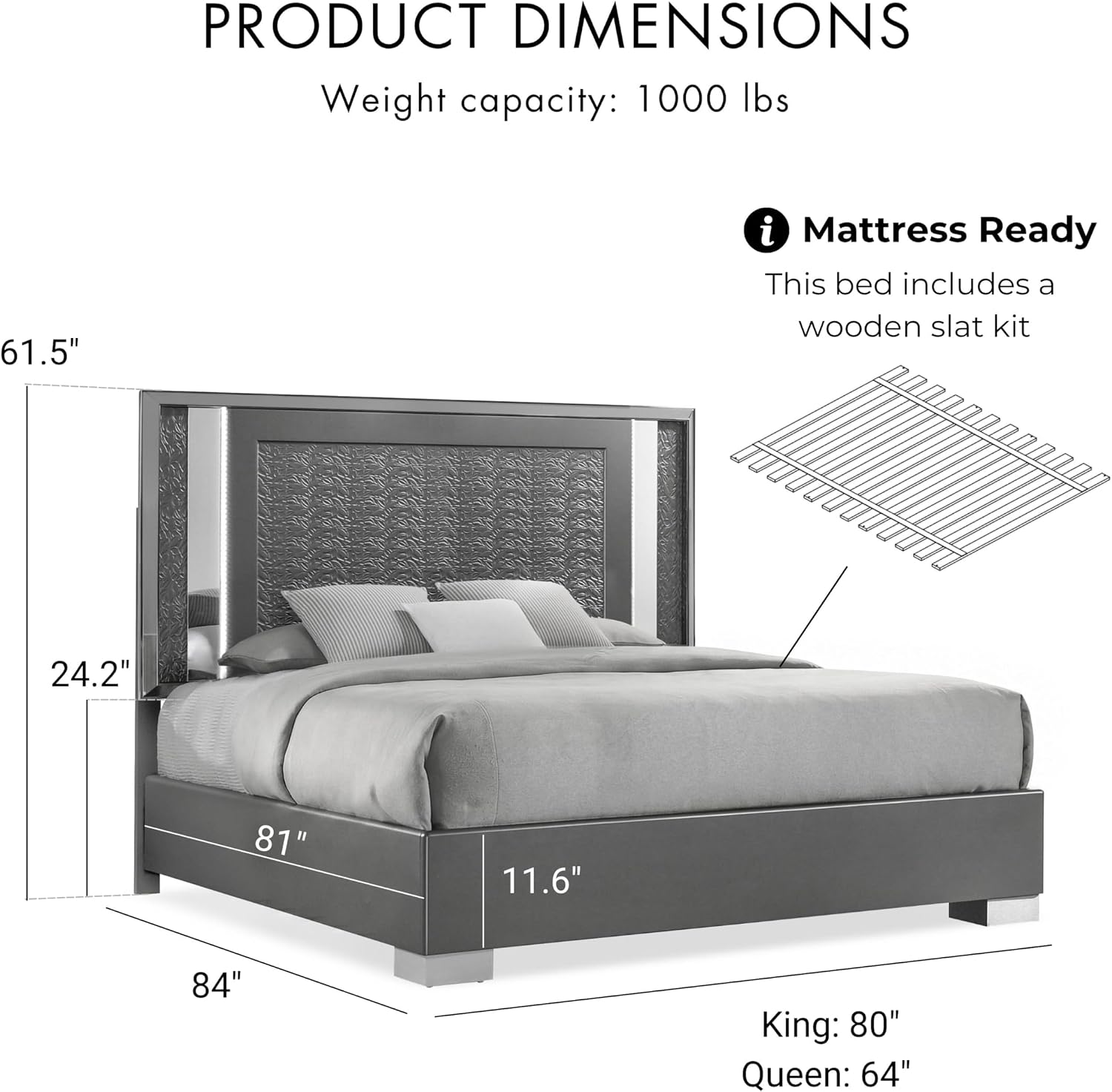 Furniture of America Uself Modern Solid Wood 6-Piece Bedroom Set with LED on Headboard and Mirror, Silver Bracketed Feet, Leaf Pattern Molding, No Box Spring Needed, King, Dark Gray