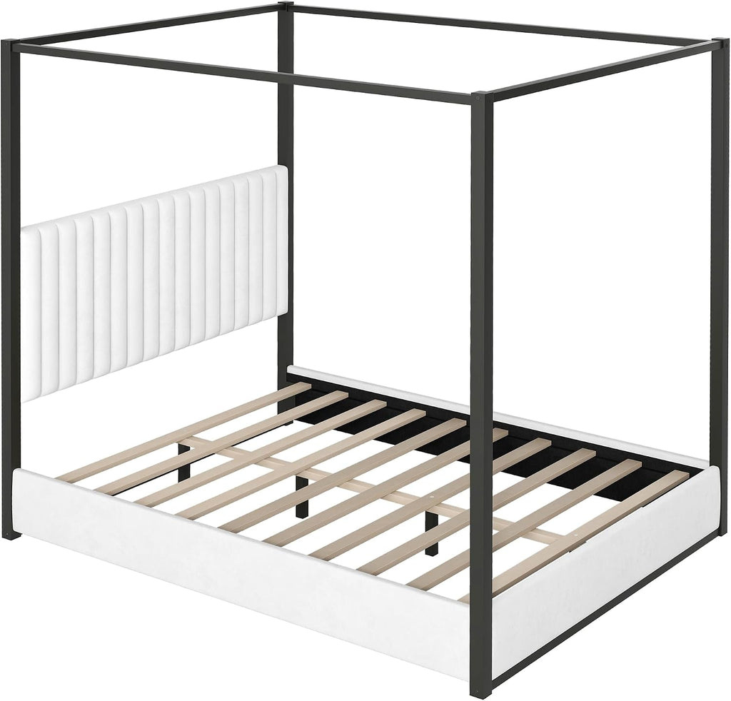 Queen Size 4-Poster Metal Canopy Platform Bed with Upholstered High Backrest Headboard - DIY Canopy Design, Heavy-Duty Metal Frame, Easy Assembly (Black, Queen)