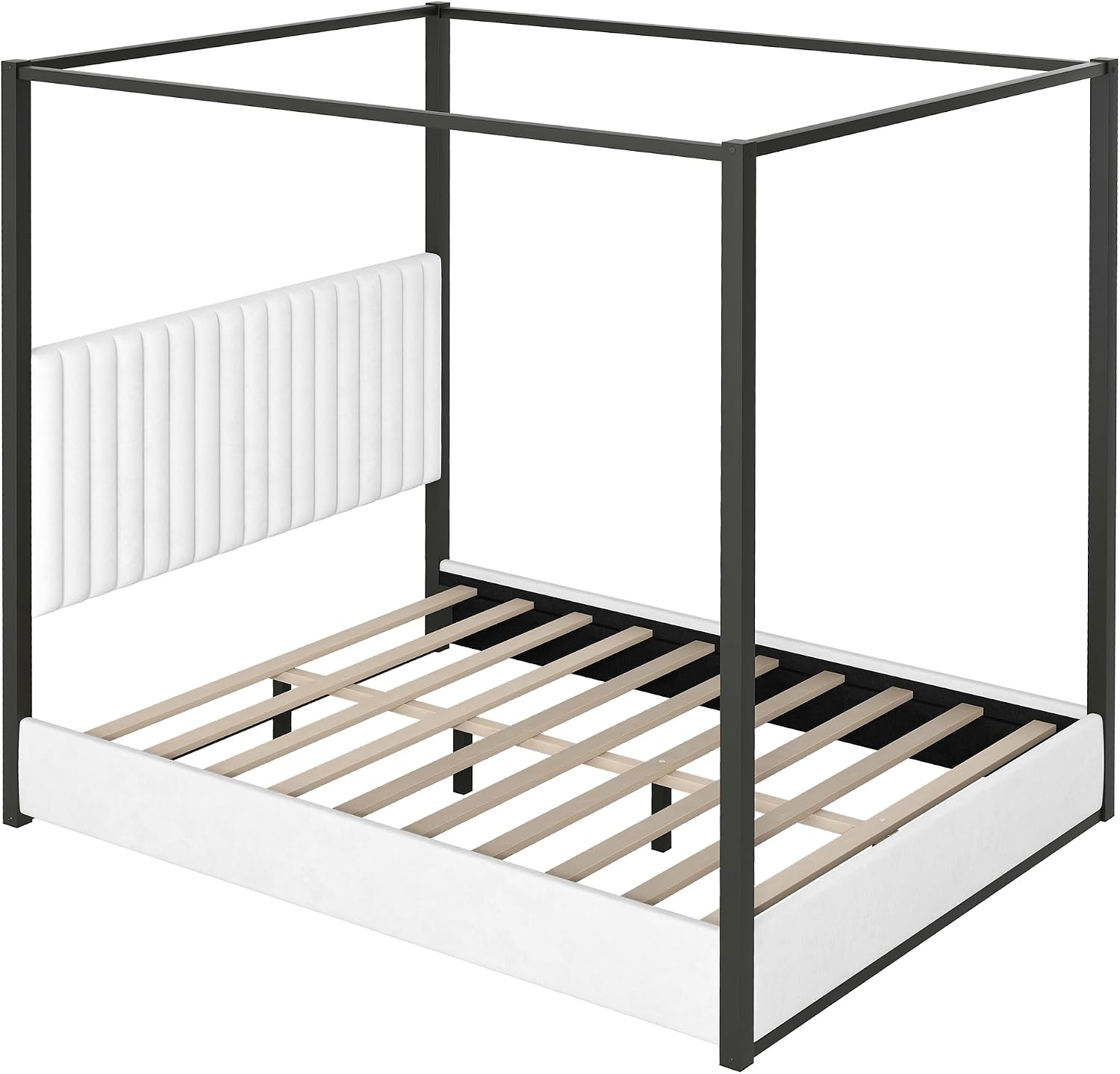 Queen Size 4-Poster Metal Canopy Platform Bed with Upholstered High Backrest Headboard - DIY Canopy Design, Heavy-Duty Metal Frame, Easy Assembly (Black, Queen)