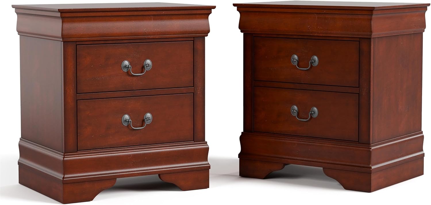 Furniture of America Arabella Traditional Solid Wood 3 Piece Bedroom Set, King Bed Frame and Nightstands Set of 2, Chic Sleigh Design Bedframe with Headboard and Footboard, Box Spring Needed, Cherry
