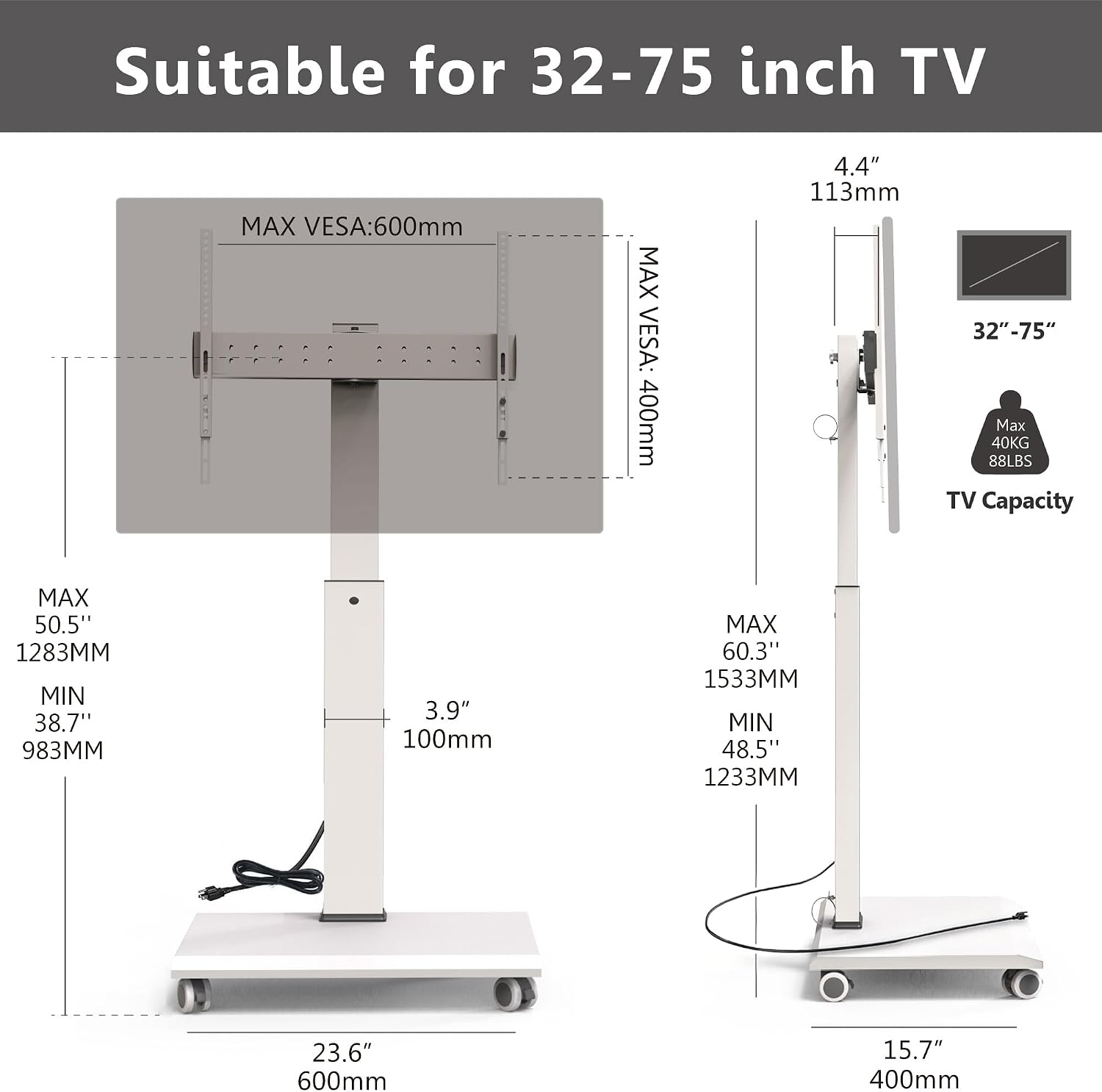 FITUEYES Rolling TV Stand with Power Strip - Mobile TV Stand for 32-75 Inch TVs, Landscape to Portrait Rotating, ±20° Swiveling, Height Adjustable TV Cart Hold Up to 88 Lbs Max VESA 400x600mm