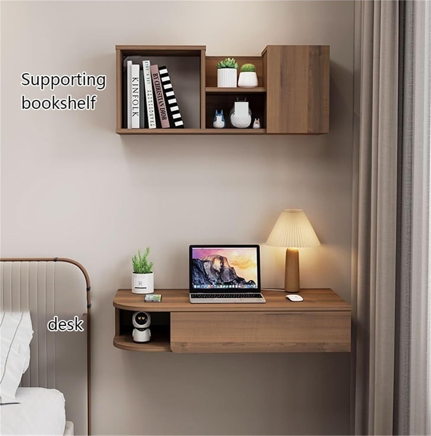 Vanity Set Dressing Table with Wall Mounted Bookshelf and Drawers Corner Floating Laptop Table Left/Right Config for Home Office Space Saver(Brown,80 cm Right)