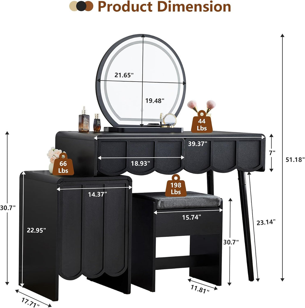 ORRD Vanity Desk with Mirror and Lights, Modern Wood Wave Panel Vanity Desk Set Makeup Table with Drawers and Cabinet, Dressing Table with Storage for Bedroom, Black