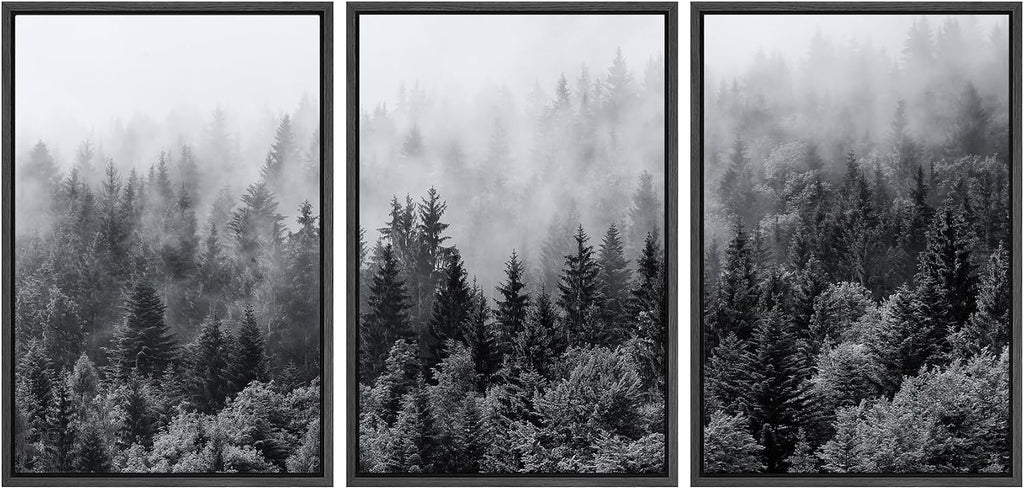 SIGNWIN Framed Canvas Print Wall Art Set Black & White Misty Mountain Forest Nature Wilderness Photography Modern Art Landscape Relax/Calm for Living Room, Bedroom, Office - 16'x24'x3 Black