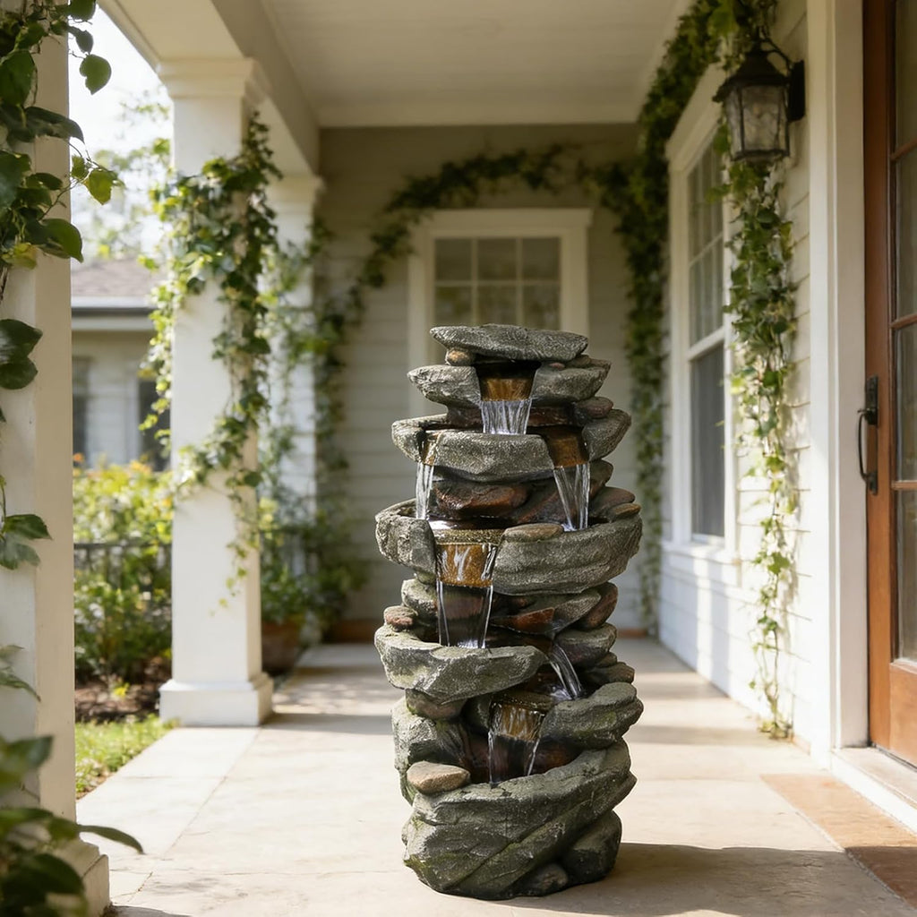 Naturefalls 40.55inches High Outdoor Rock Water Fountain with LED Lights - 6-Tiers Poly-Resin Cascading Waterfall Fountain for Garden, Patio, Yard, Home Decor
